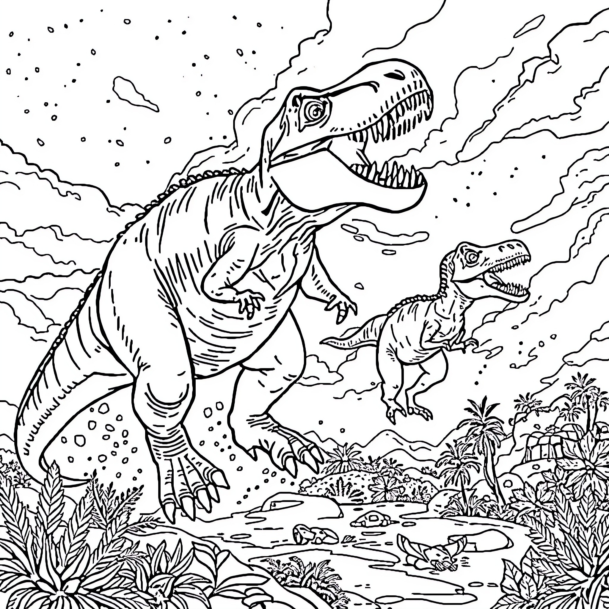 Mosasaure Dinosaurs Roaming the Prehistoric Landscape Coloring Page (free black-and-white line drawing printable PDF for all, from beginners to advanced learners, including children, teens, adults, and seniors)