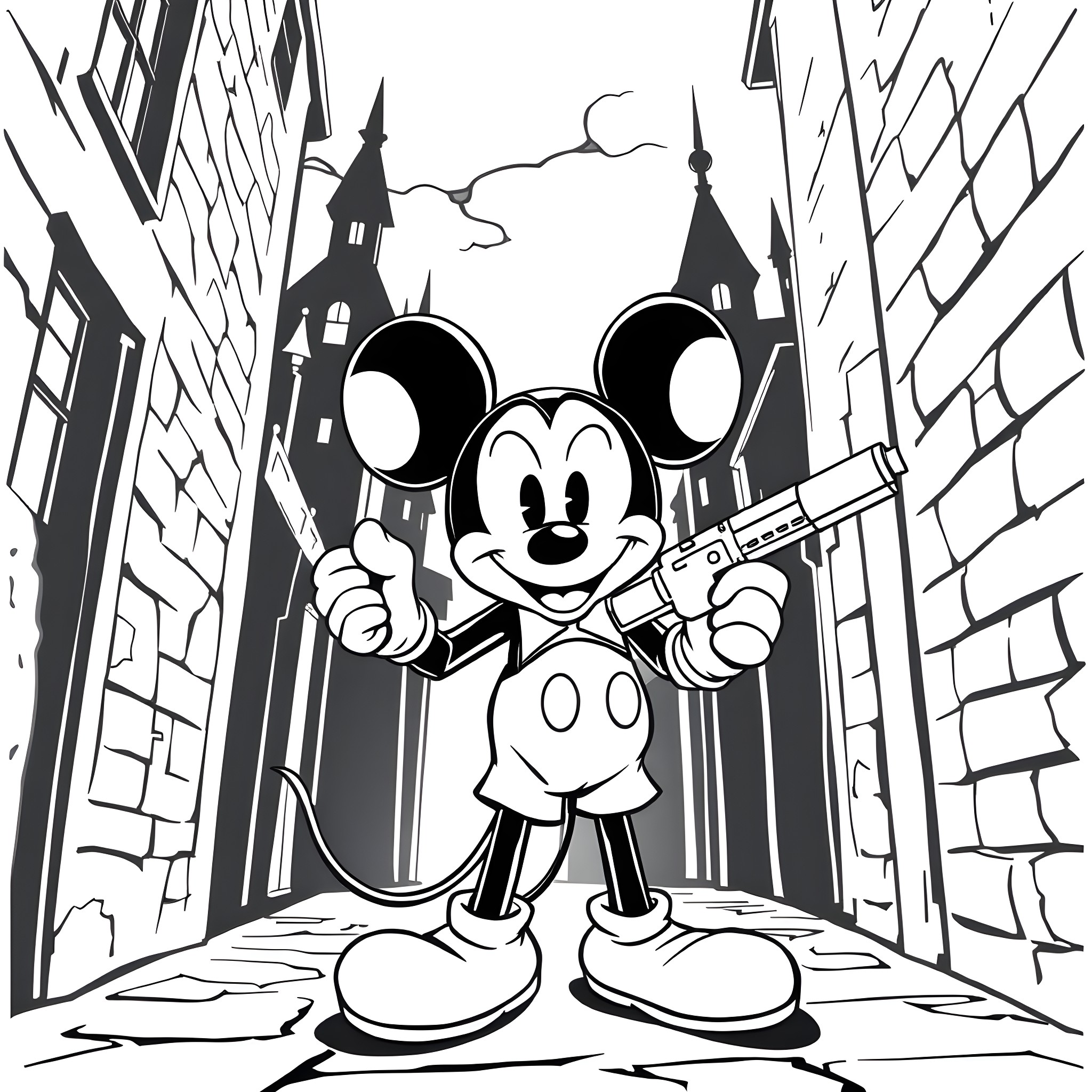 Mickey Mouse in a Gritty City Scene Coloring Page (free black-and-white line drawing printable PDF for all, from beginners to advanced learners, including children, teens, adults, and seniors)