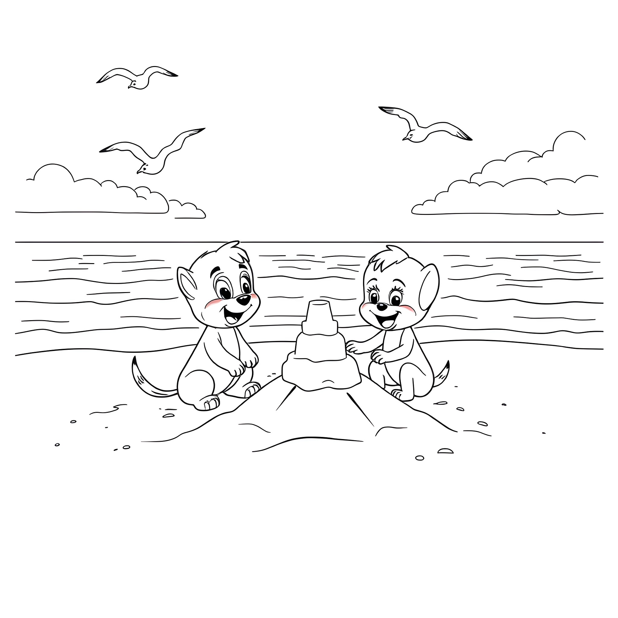 Bluey and friends building a sandcastle at the beach Coloring Page (free black-and-white line drawing printable PDF for all, from beginners to advanced learners, including children, teens, adults, and seniors)