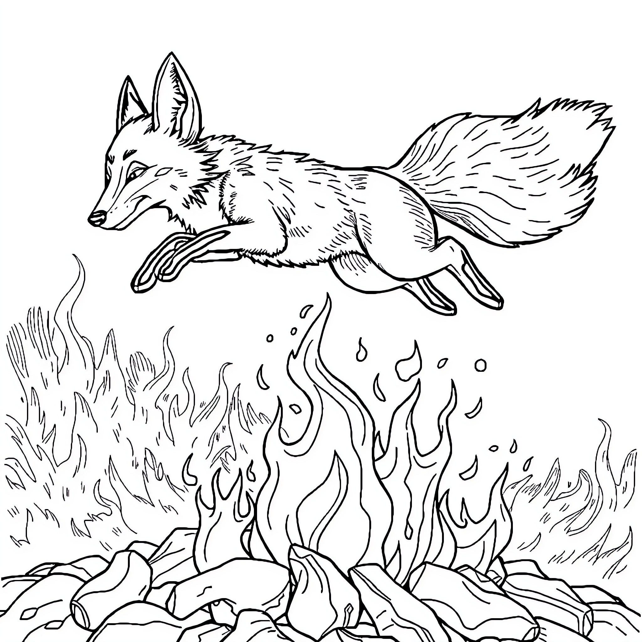 Fox leaping through a fiery landscape Coloring Page (free black-and-white line drawing printable PDF for all, from beginners to advanced learners, including children, teens, adults, and seniors)