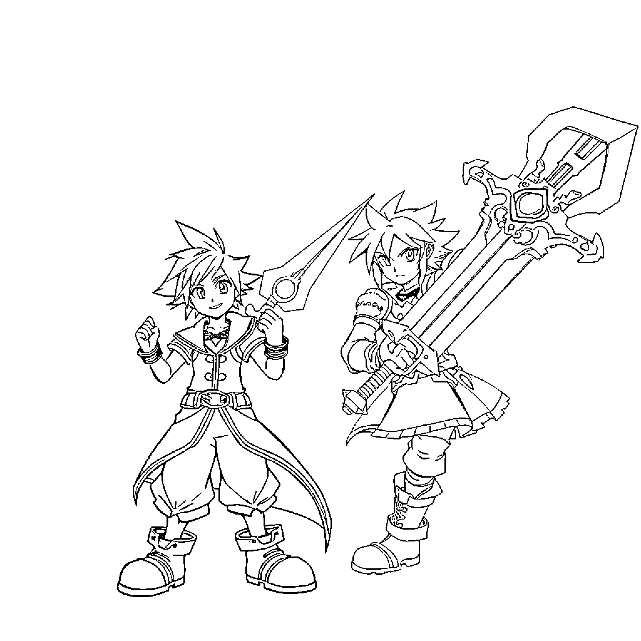 Sora and Riku in action poses with weapons Coloring Page (free black-and-white line drawing printable PDF for all, from beginners to advanced learners, including children, teens, adults, and seniors)