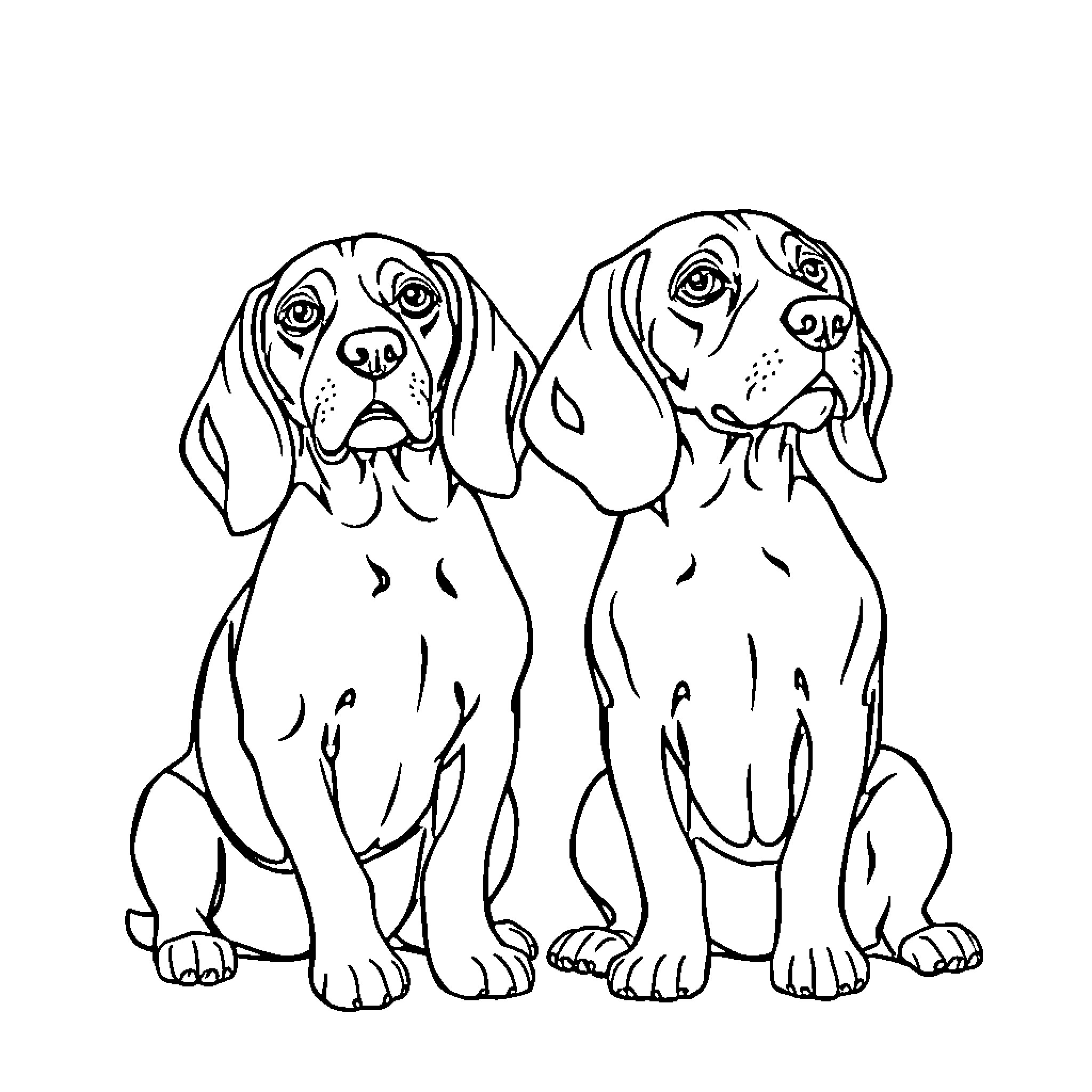 Beagles sitting together happily Coloring Page (free black-and-white line drawing printable PDF for all, from beginners to advanced learners, including children, teens, adults, and seniors)
