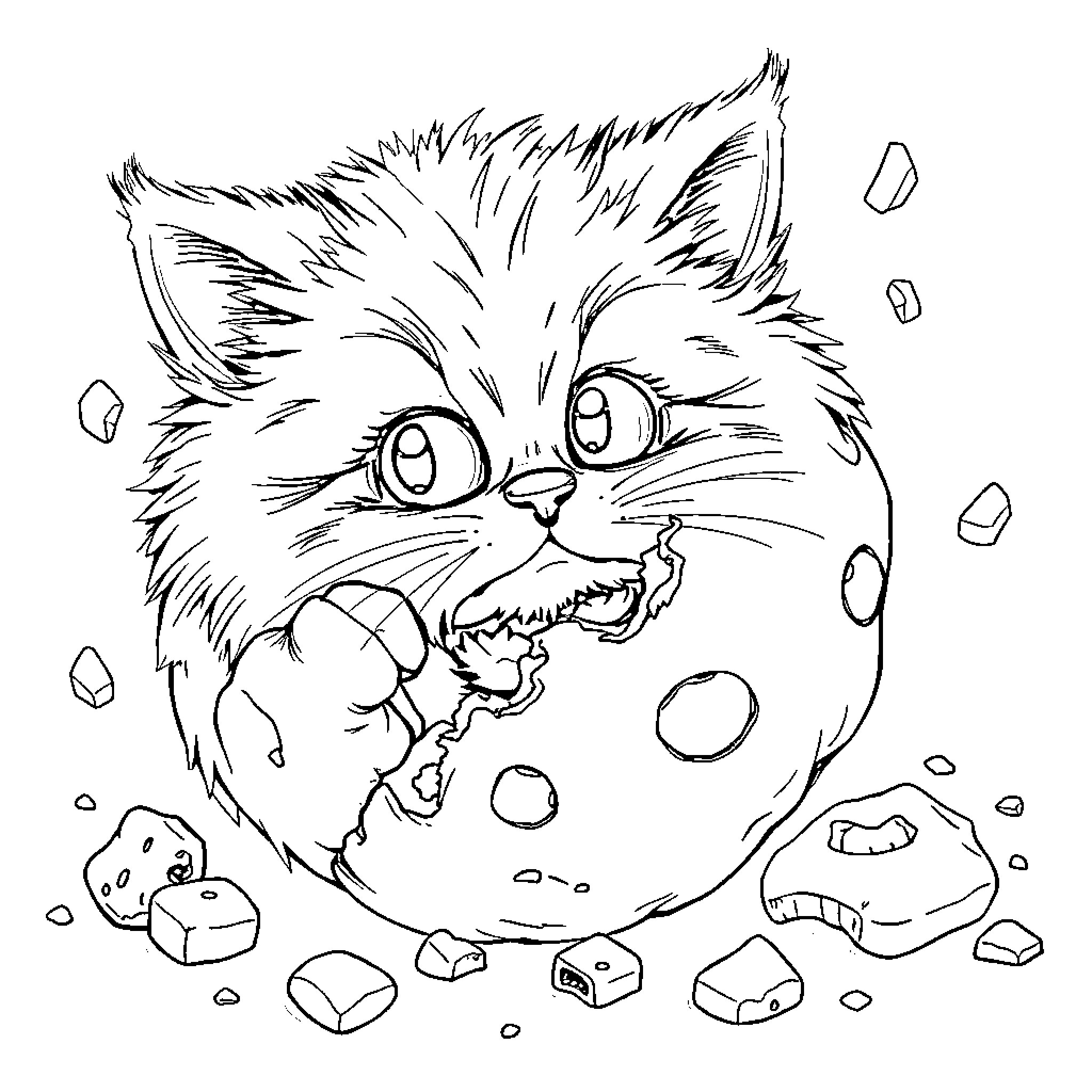 Cat fighting with angry expression and broken objects Coloring Page (free black-and-white line drawing printable PDF for all, from beginners to advanced learners, including children, teens, adults, and seniors)