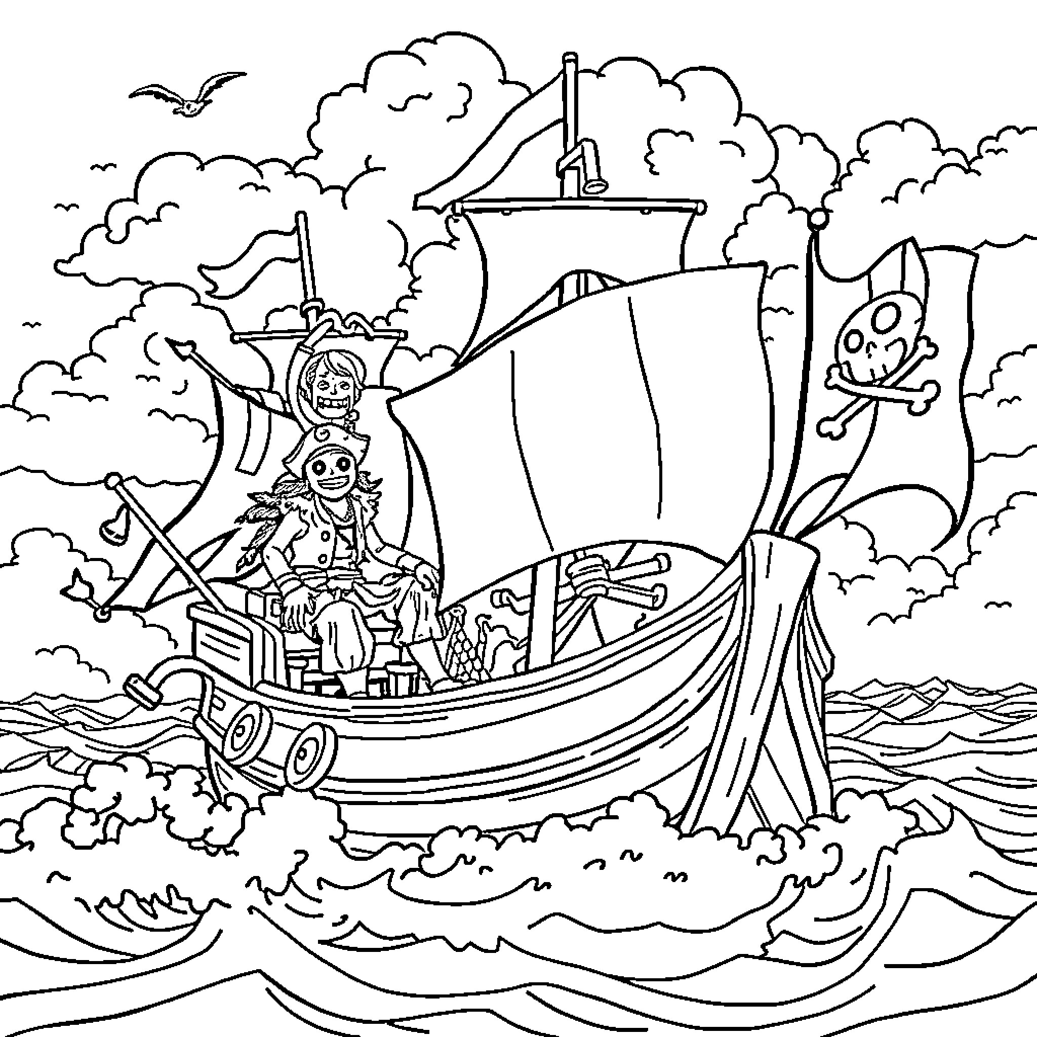 One Piece: Pirate Ship Adventure at Sea Coloring Page (free black-and-white line drawing printable PDF for all, from beginners to advanced learners, including children, teens, adults, and seniors)
