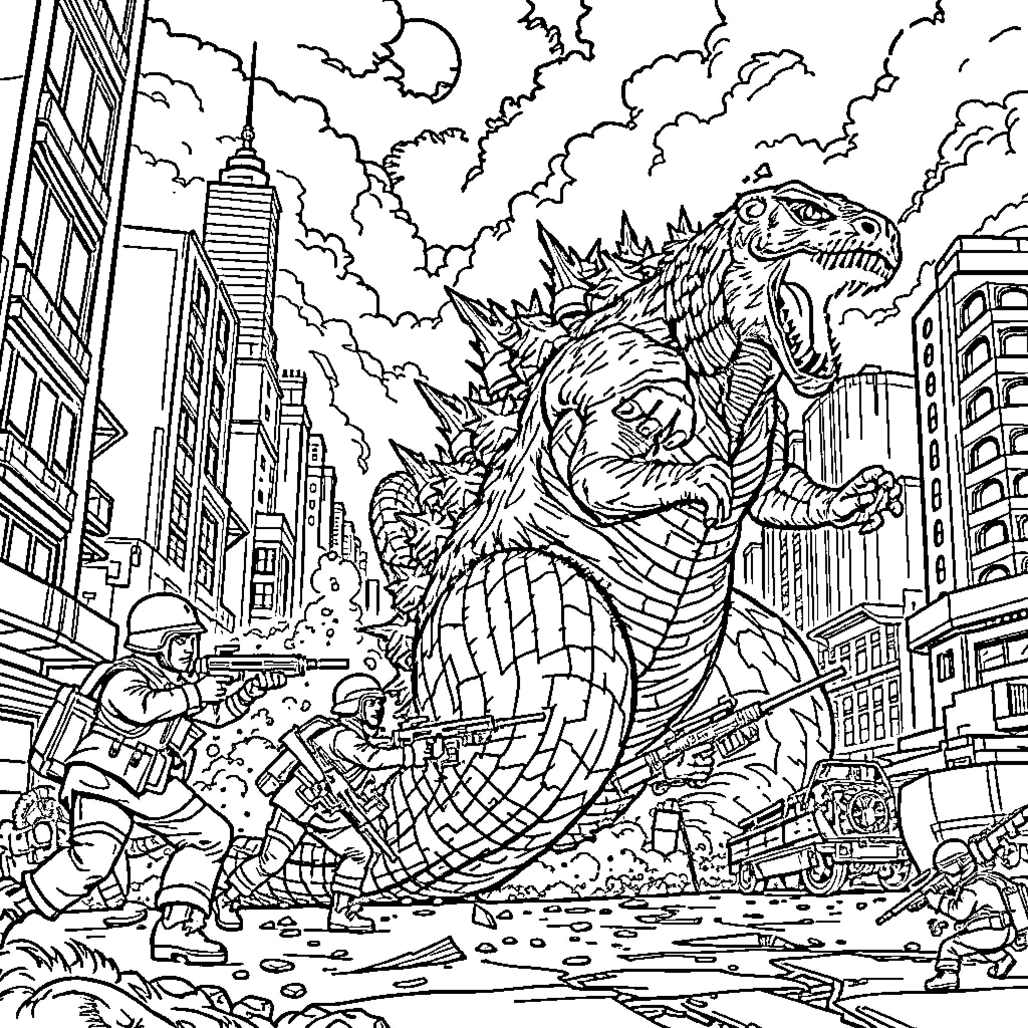 Military forces battling a giant mythical creature in a city Coloring Page (free black-and-white line drawing printable PDF for all, from beginners to advanced learners, including children, teens, adults, and seniors)
