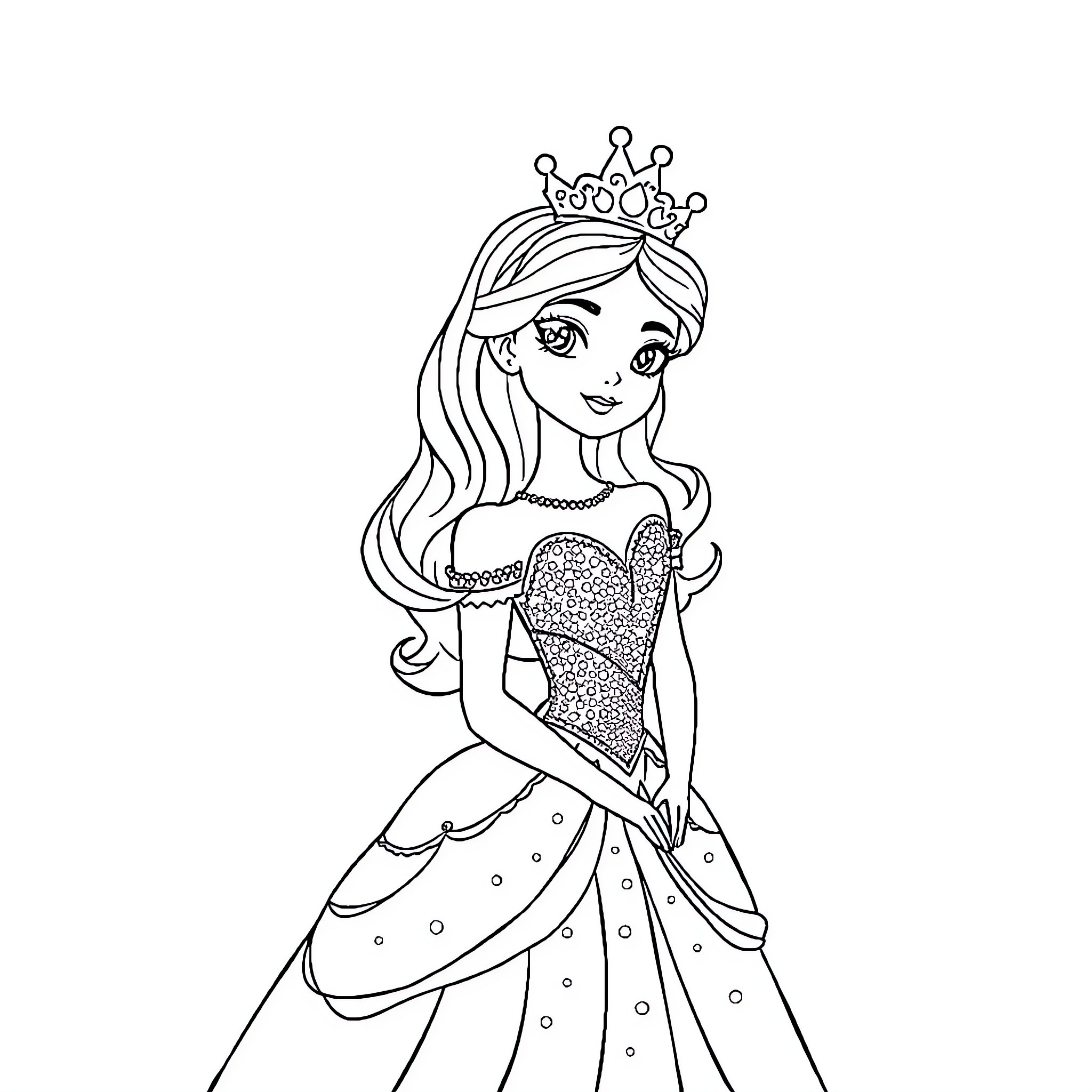 Princess in elegant ball gown and crown Coloring Page (free black-and-white line drawing printable PDF for all, from beginners to advanced learners, including children, teens, adults, and seniors)