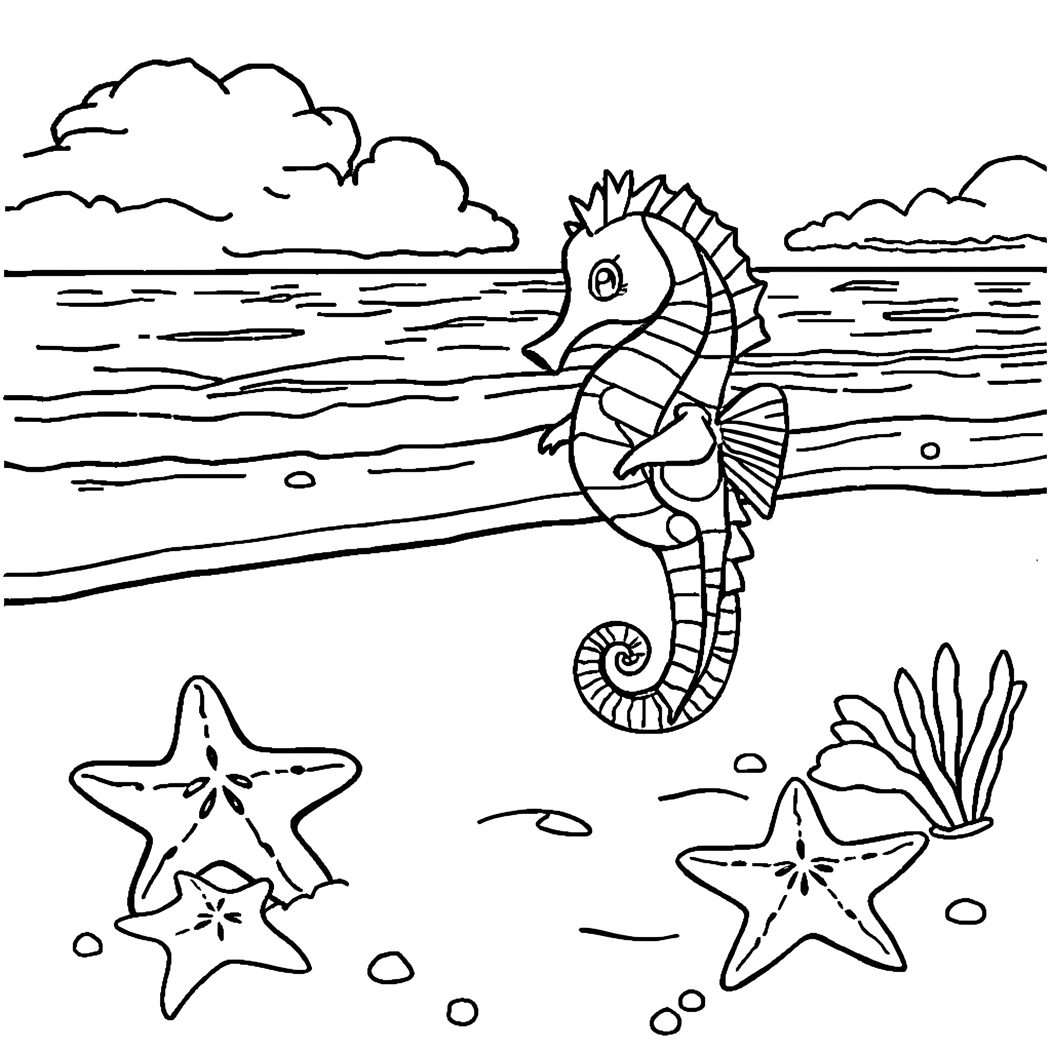 Starfish and seahorse in the ocean Coloring Page (free black-and-white line drawing printable PDF for all, from beginners to advanced learners, including children, teens, adults, and seniors)