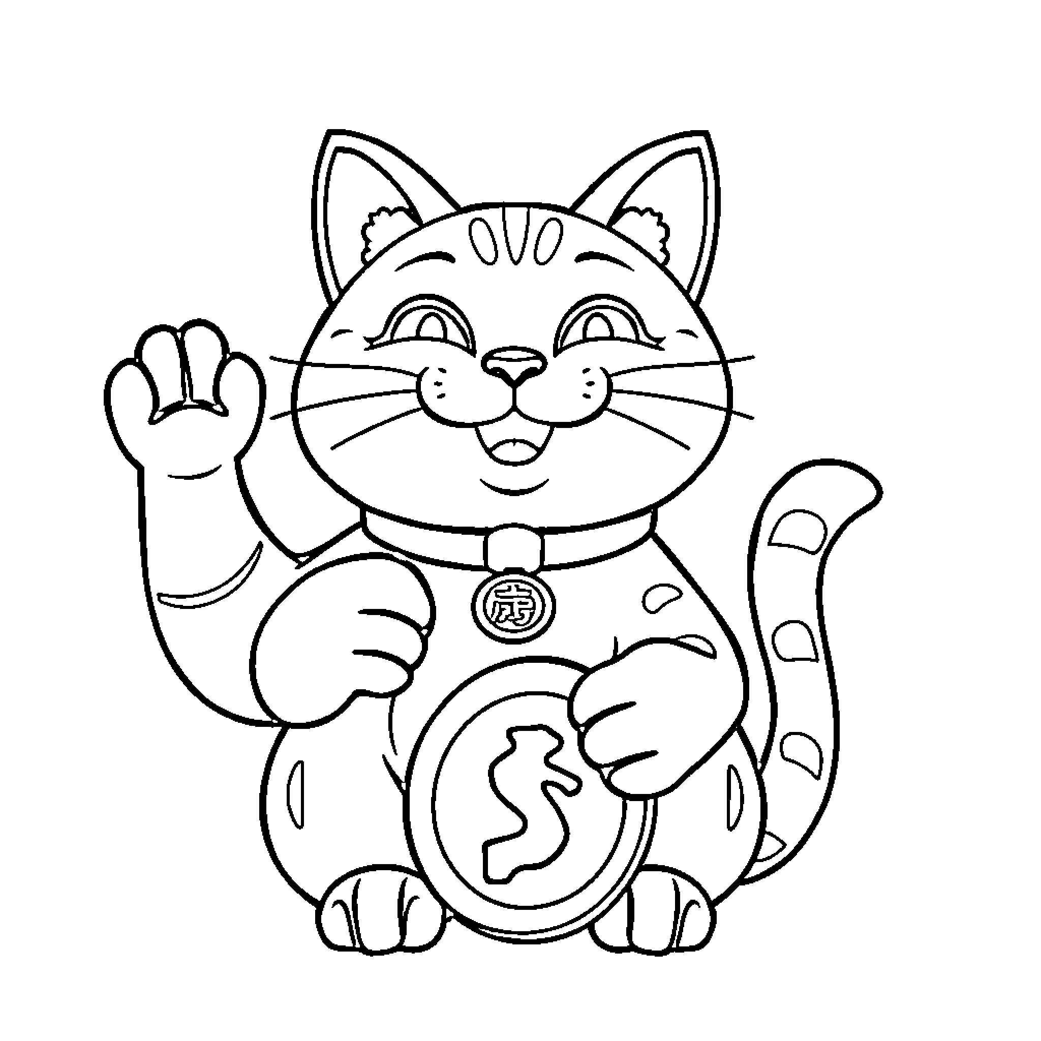 Cat waving lucky charm Coloring Page (free black-and-white line drawing printable PDF for all, from beginners to advanced learners, including children, teens, adults, and seniors)