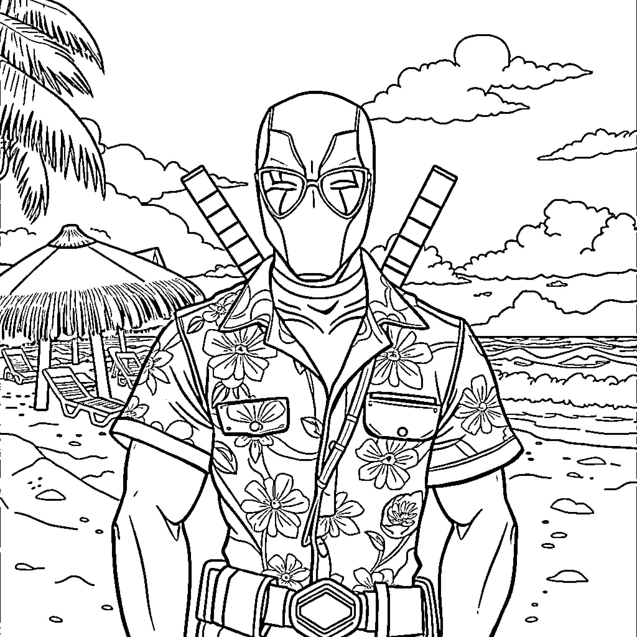 Deadpool relaxing on a tropical beach Coloring Page (free black-and-white line drawing printable PDF for all, from beginners to advanced learners, including children, teens, adults, and seniors)