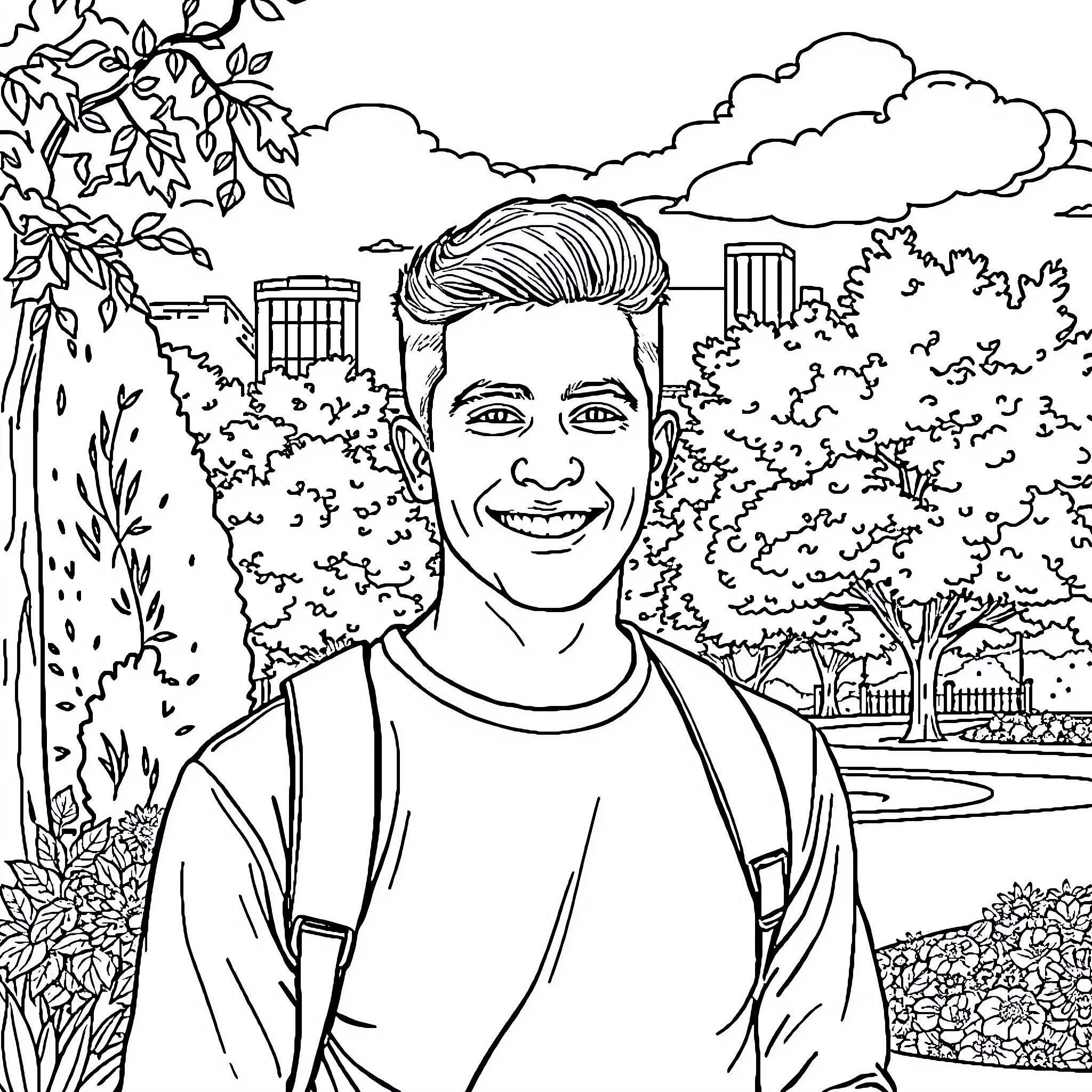 David Martinez enjoys a sunny day in the park Coloring Page (free black-and-white line drawing printable PDF for all, from beginners to advanced learners, including children, teens, adults, and seniors)
