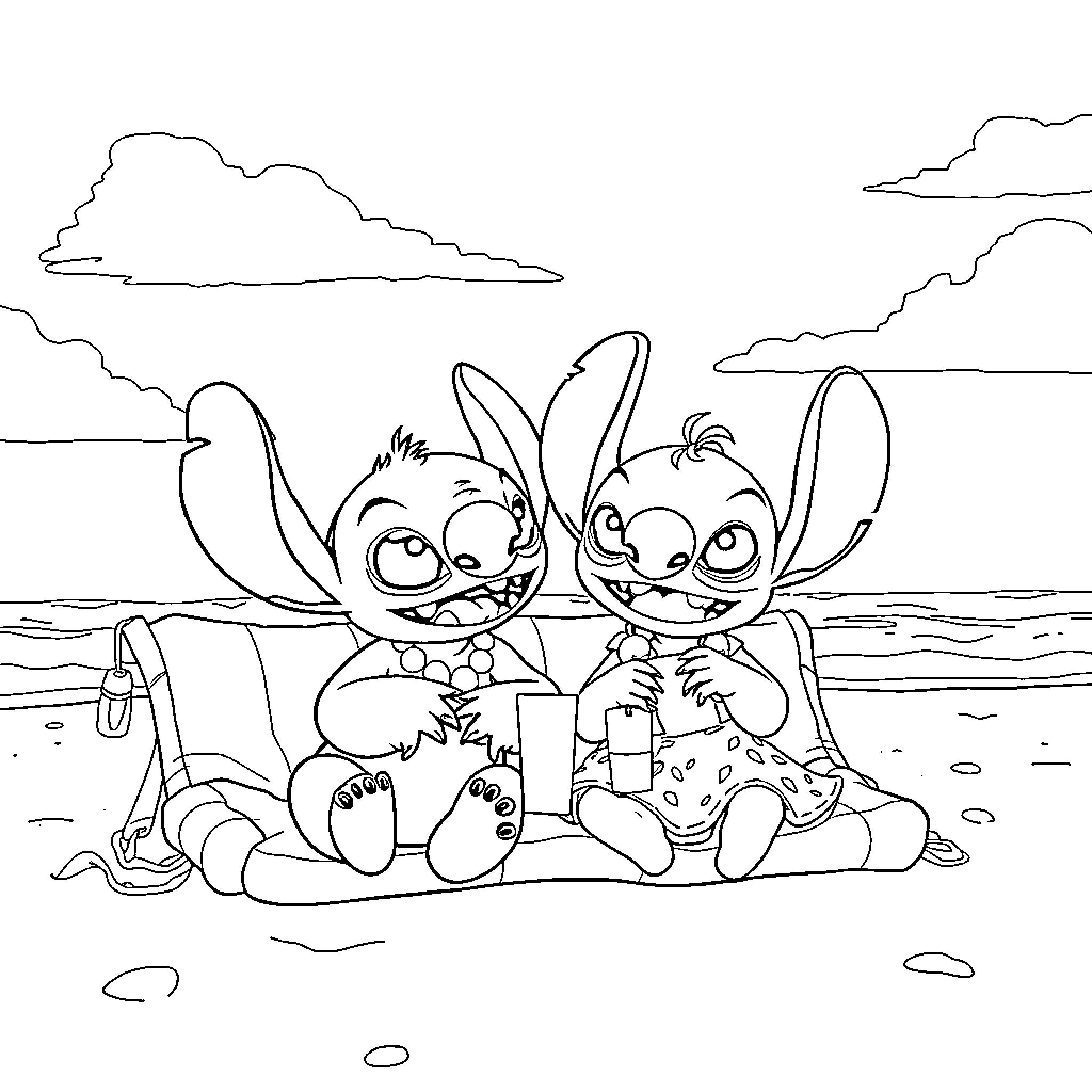 Lilo and Stitch playing on the beach Coloring Page (free black-and-white line drawing printable PDF for all, from beginners to advanced learners, including children, teens, adults, and seniors)