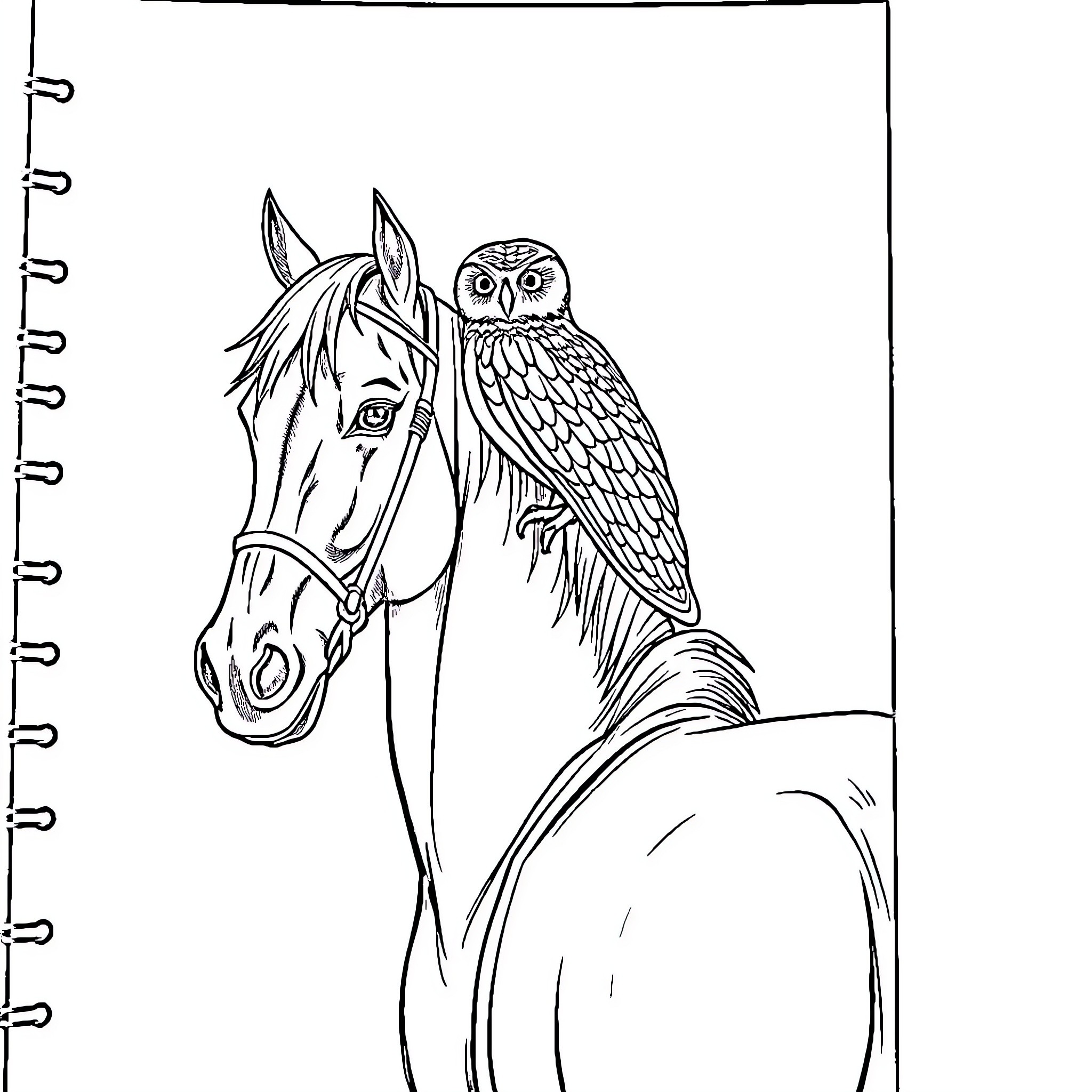 Owl perched on a horse's back Coloring Page (free black-and-white line drawing printable PDF for all, from beginners to advanced learners, including children, teens, adults, and seniors)