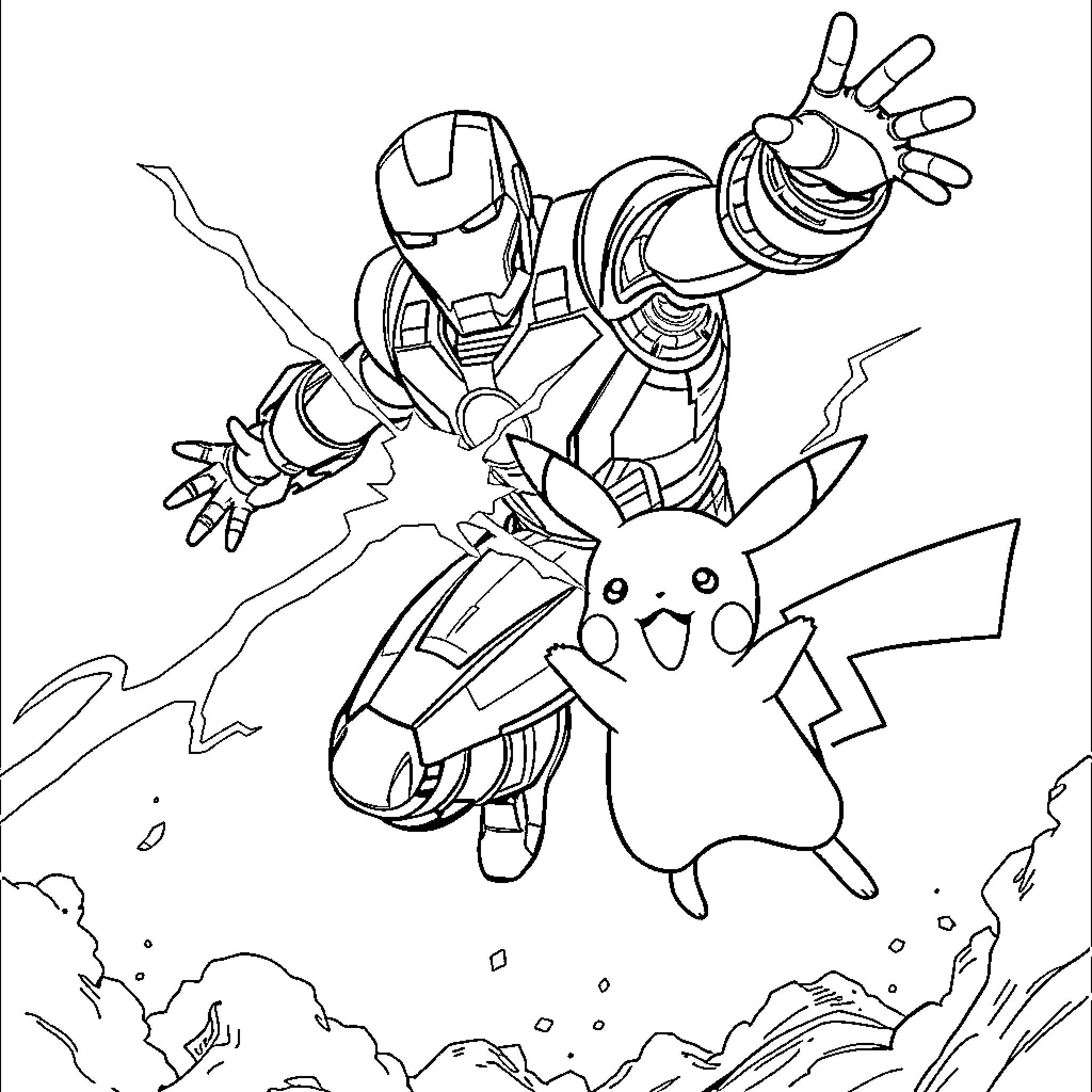 Iron Man battling alongside Pikachu in an epic adventure Coloring Page (free black-and-white line drawing printable PDF for all, from beginners to advanced learners, including children, teens, adults, and seniors)
