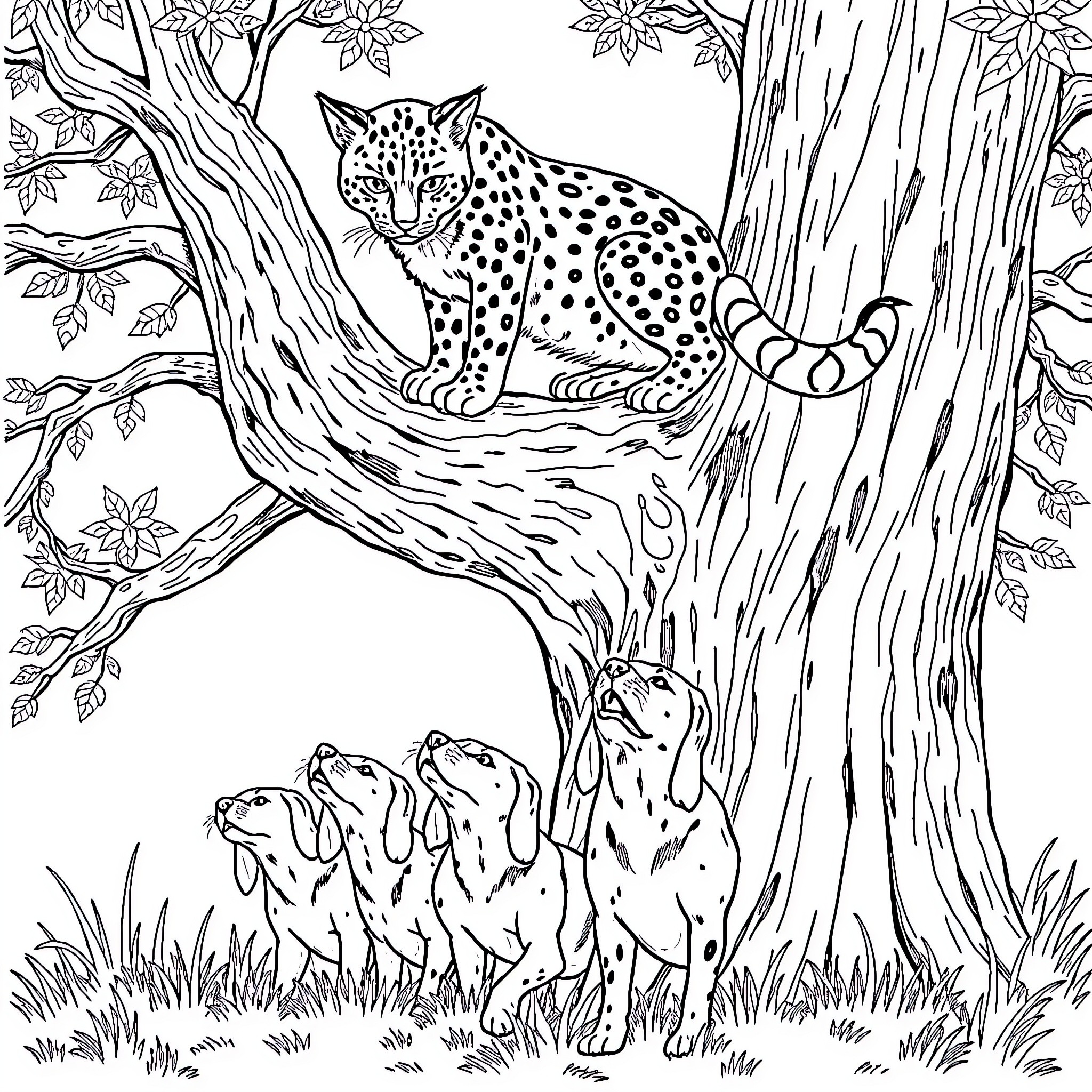 Bobcat relaxing in tree with its pack Coloring Page (free black-and-white line drawing printable PDF for all, from beginners to advanced learners, including children, teens, adults, and seniors)
