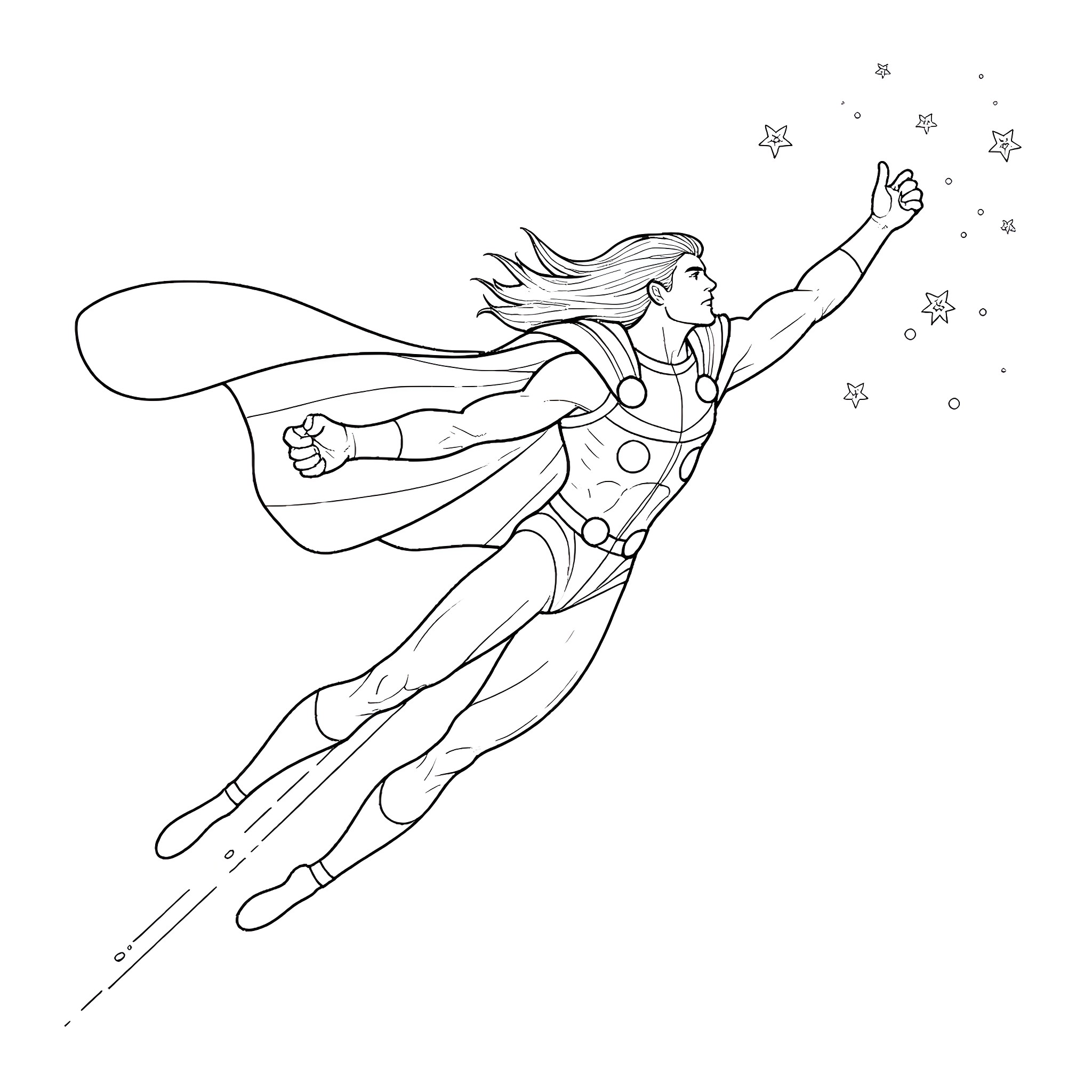 Thor soaring through the cosmos with stars Coloring Page (free black-and-white line drawing printable PDF for all, from beginners to advanced learners, including children, teens, adults, and seniors)