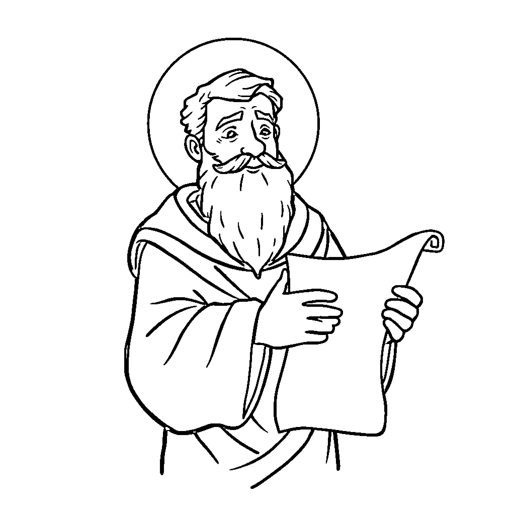 Saint Teaching with Scroll and Halo Coloring Page (free black-and-white line drawing printable PDF for all, from beginners to advanced learners, including children, teens, adults, and seniors)