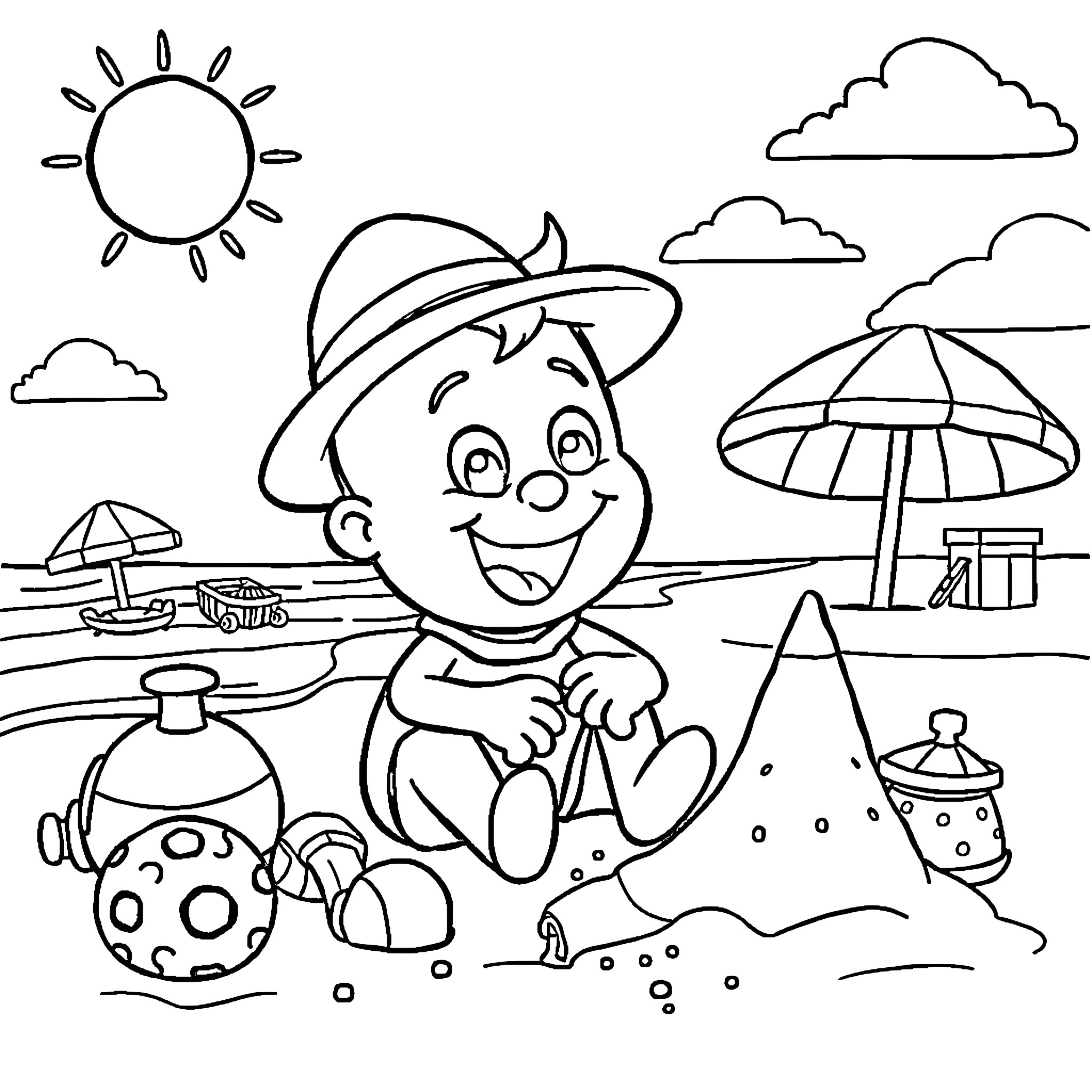 Blippi enjoying a sunny day at the beach Coloring Page (free black-and-white line drawing printable PDF for all, from beginners to advanced learners, including children, teens, adults, and seniors)