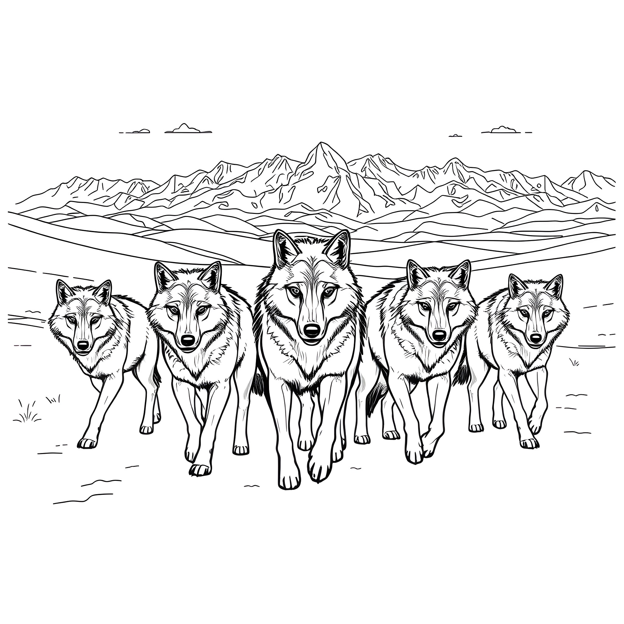 Wolf pack traversing mountainous terrain Coloring Page (free black-and-white line drawing printable PDF for all, from beginners to advanced learners, including children, teens, adults, and seniors)