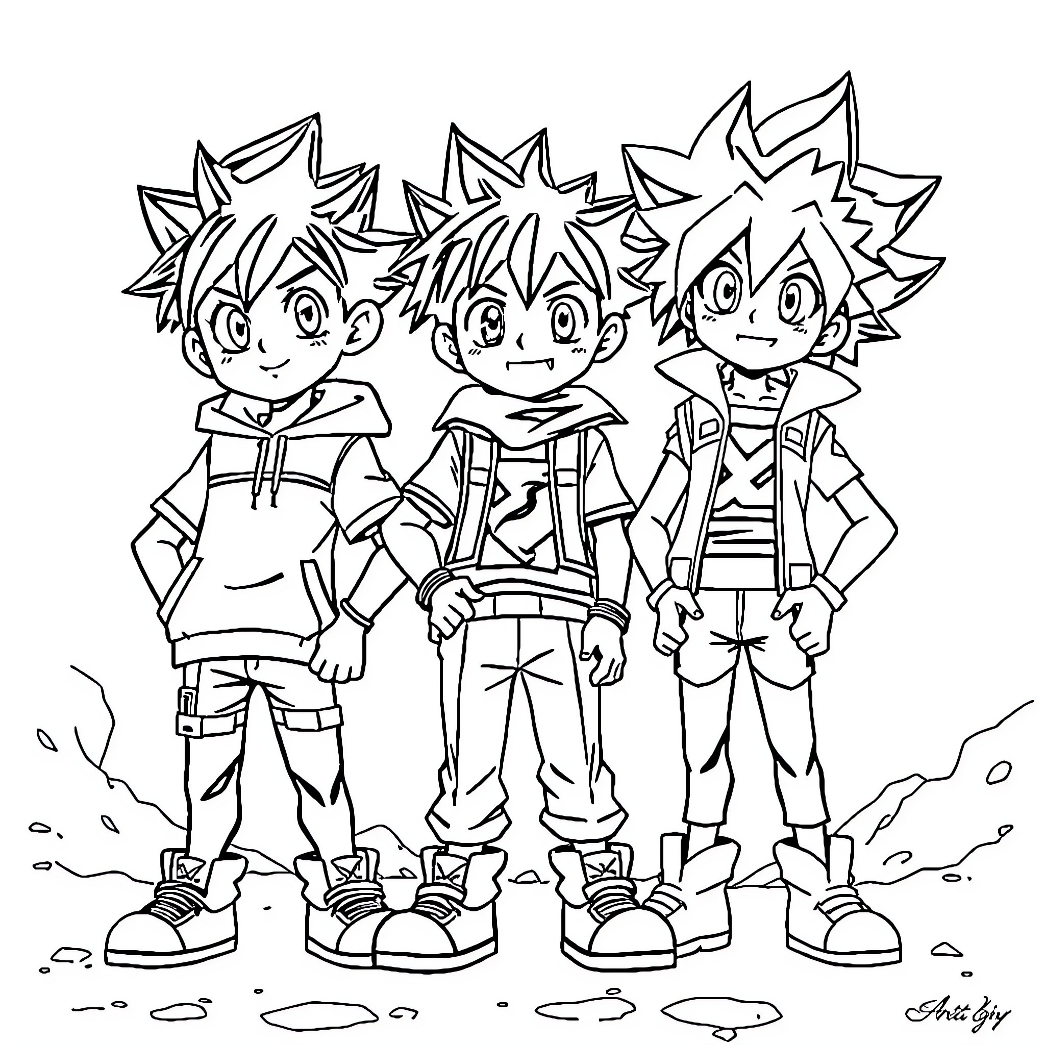 Deku and Friends Posing Together Coloring Page (free black-and-white line drawing printable PDF for all, from beginners to advanced learners, including children, teens, adults, and seniors)
