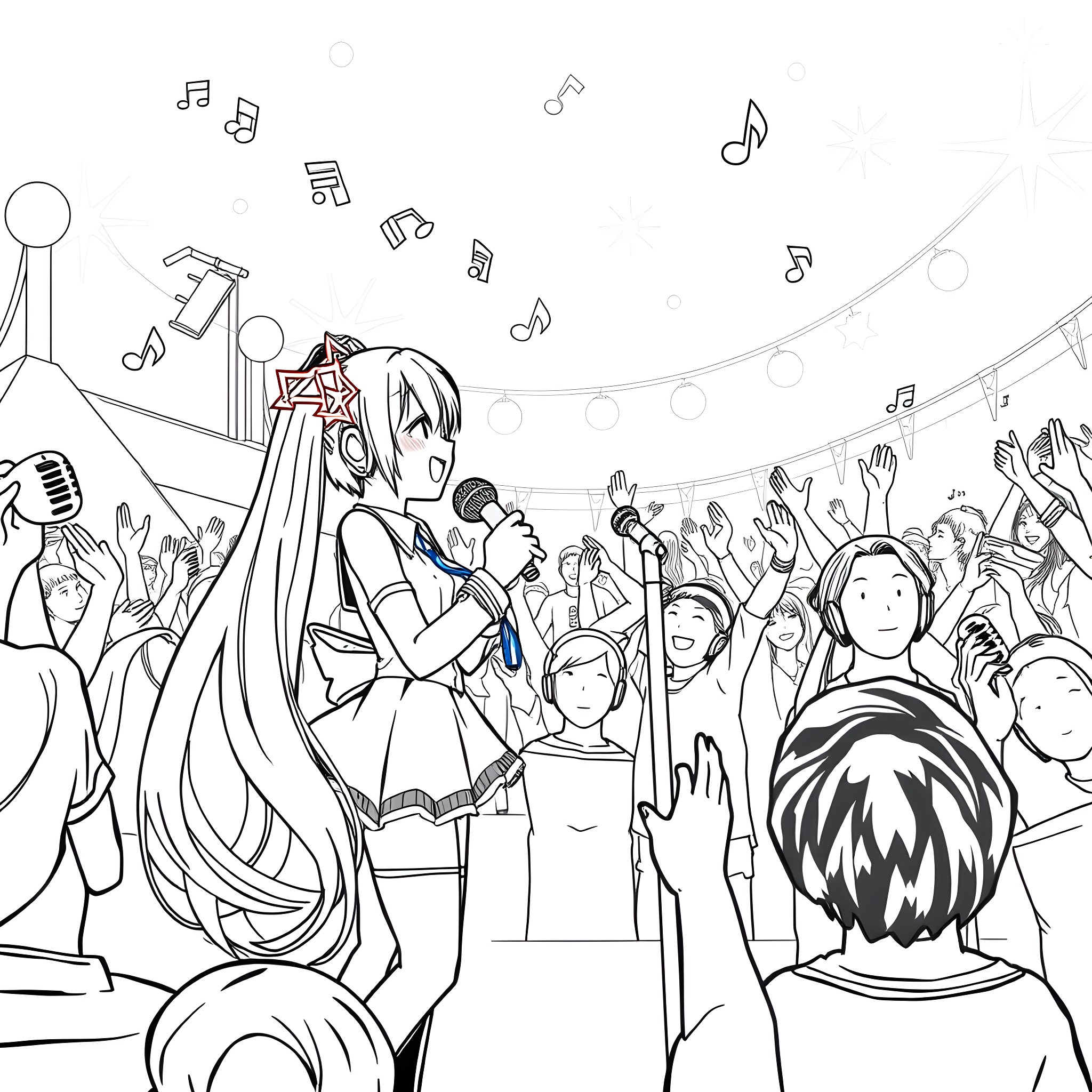 Hatsune Miku performing on stage with her fans Coloring Page (free black-and-white line drawing printable PDF for all, from beginners to advanced learners, including children, teens, adults, and seniors)