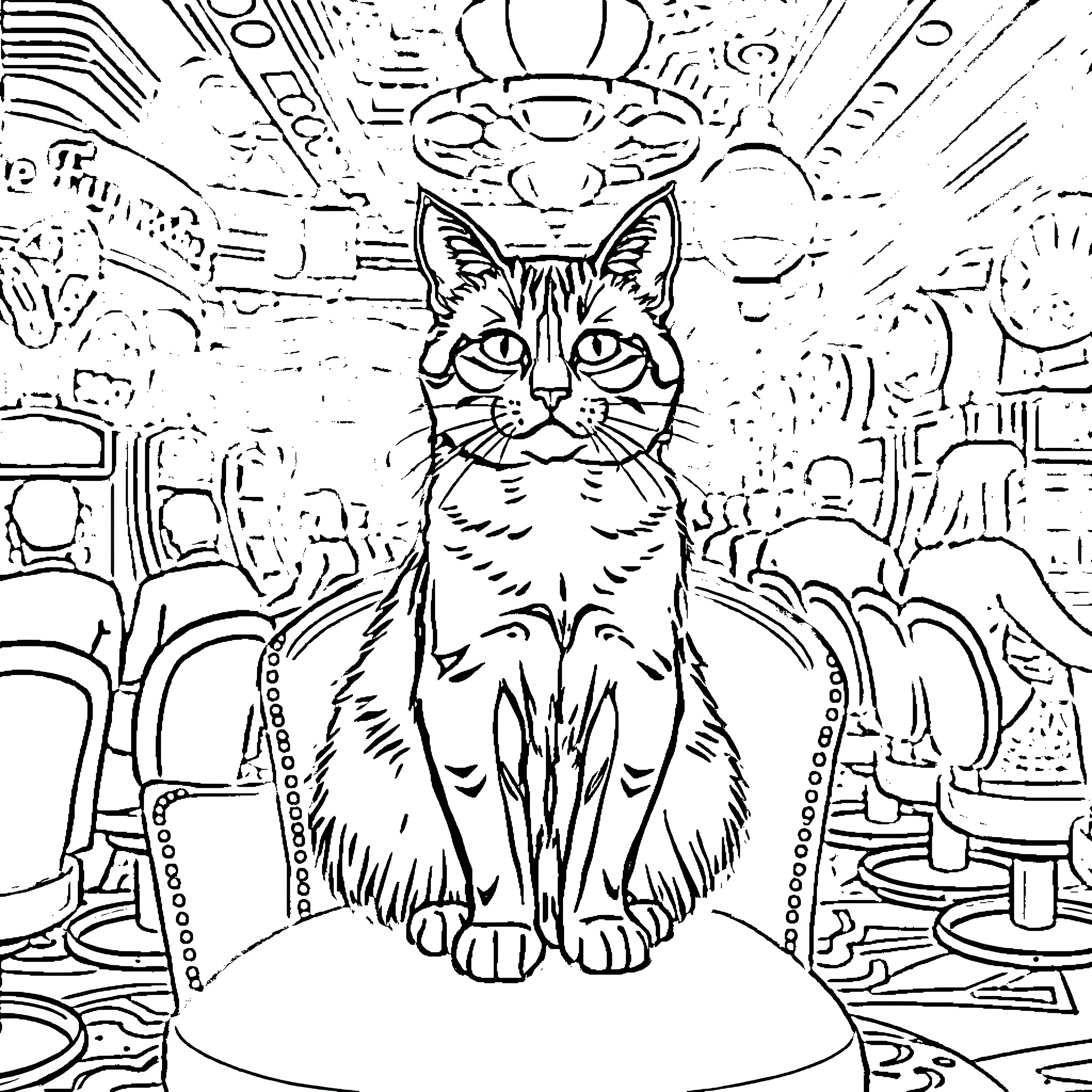 Cat on a Surreal Journey Coloring Page (free black-and-white line drawing printable PDF for all, from beginners to advanced learners, including children, teens, adults, and seniors)