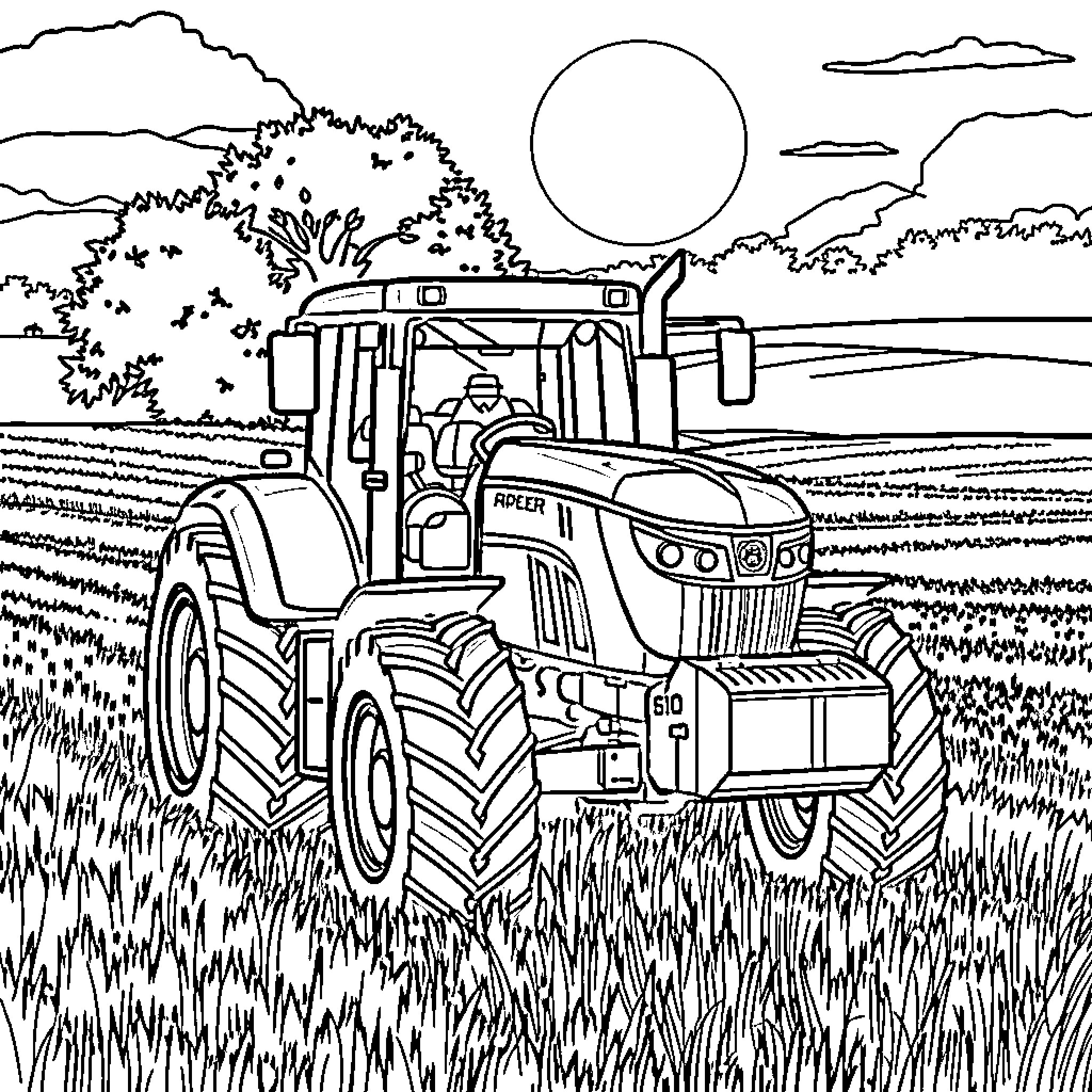 Tractor plowing a rural landscape Coloring Page (free black-and-white line drawing printable PDF for all, from beginners to advanced learners, including children, teens, adults, and seniors)