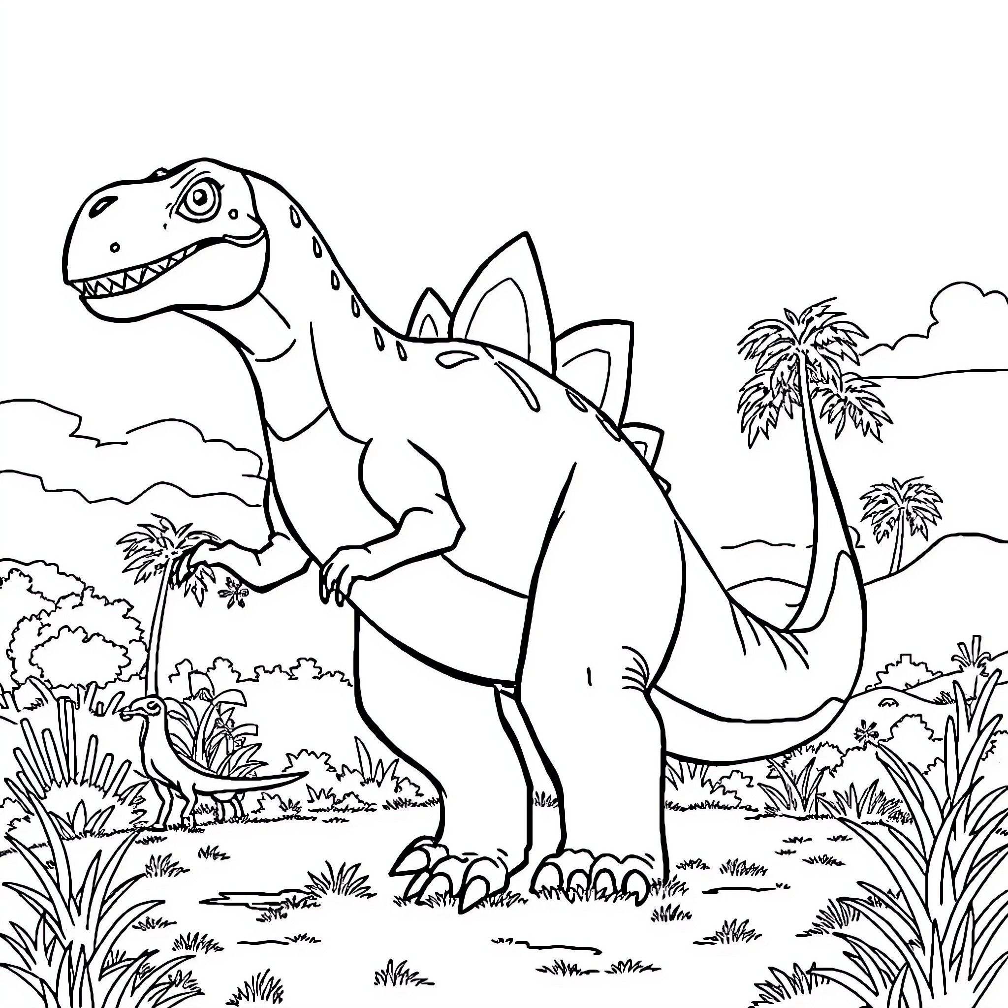 Pokémon Dinosaur Exploring Tropical Landscape Coloring Page (free black-and-white line drawing printable PDF for all, from beginners to advanced learners, including children, teens, adults, and seniors)