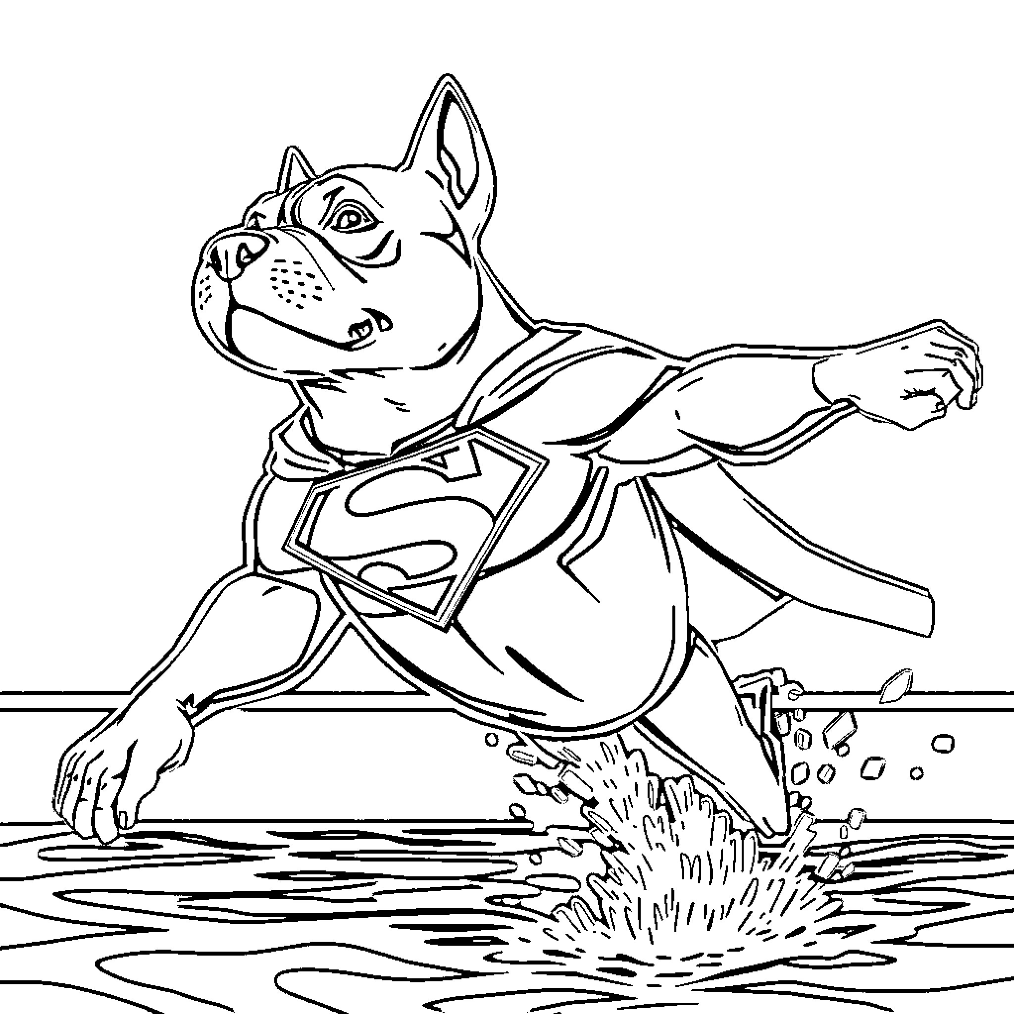 Perro superhéroe sobrevolando cuerpo de agua Coloring Page (free black-and-white line drawing printable PDF for all, from beginners to advanced learners, including children, teens, adults, and seniors)