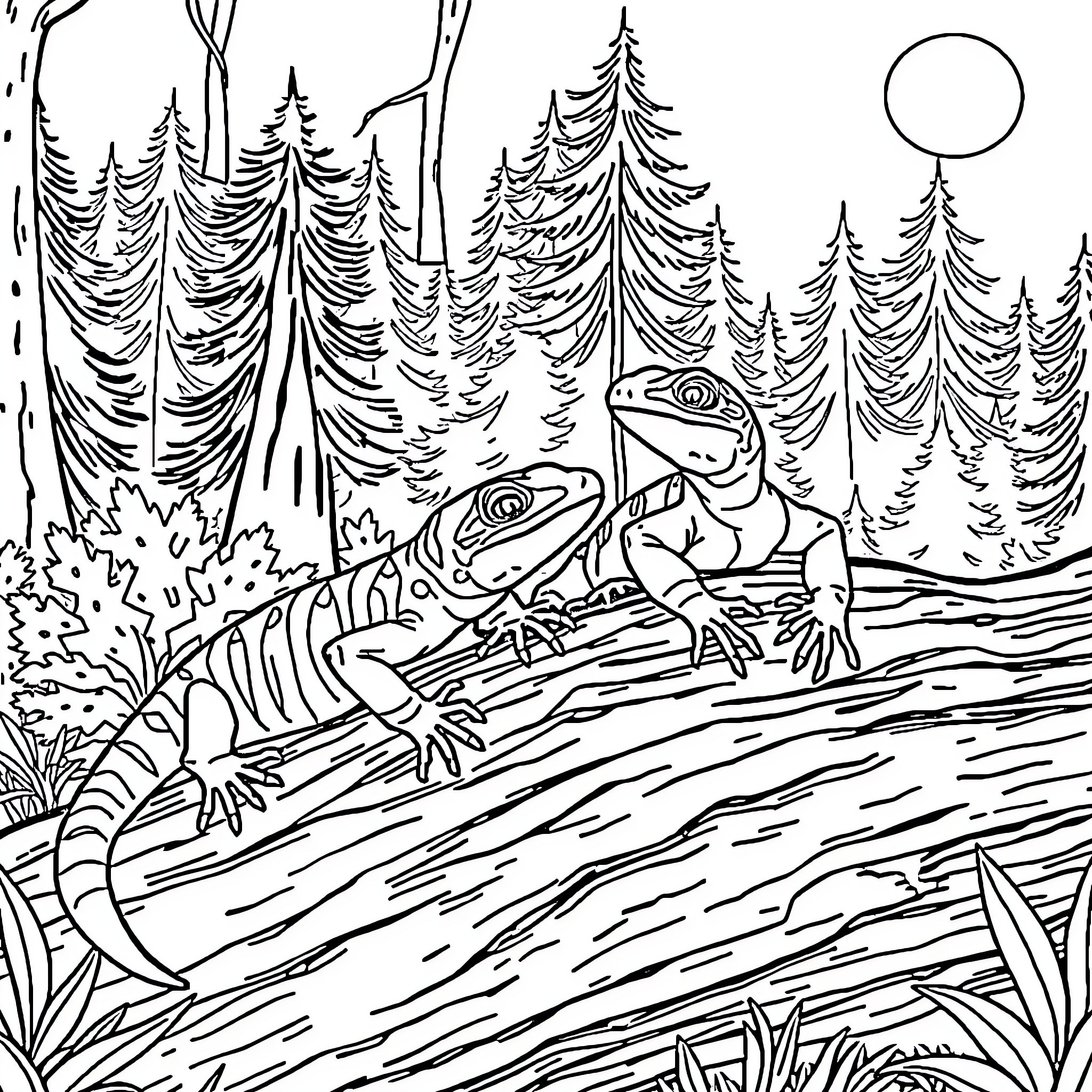 Skinks exploring the forest landscape Coloring Page (free black-and-white line drawing printable PDF for all, from beginners to advanced learners, including children, teens, adults, and seniors)