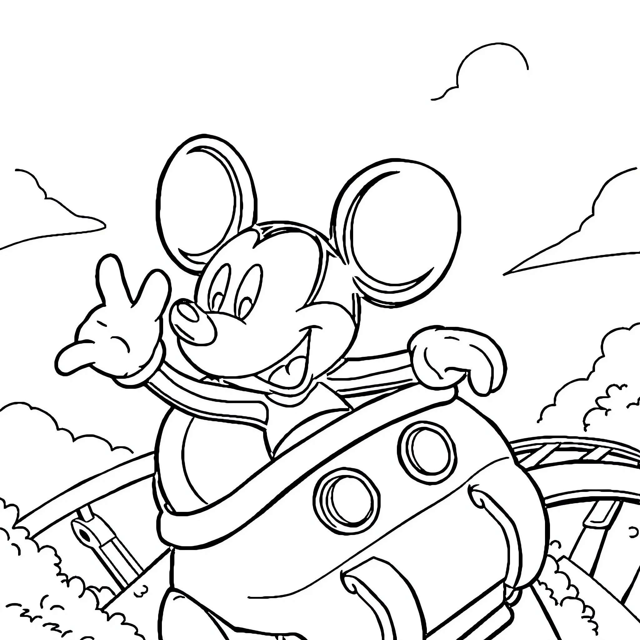 Mickey Mouse enjoying a ride on a colorful car Coloring Page (free black-and-white line drawing printable PDF for all, from beginners to advanced learners, including children, teens, adults, and seniors)