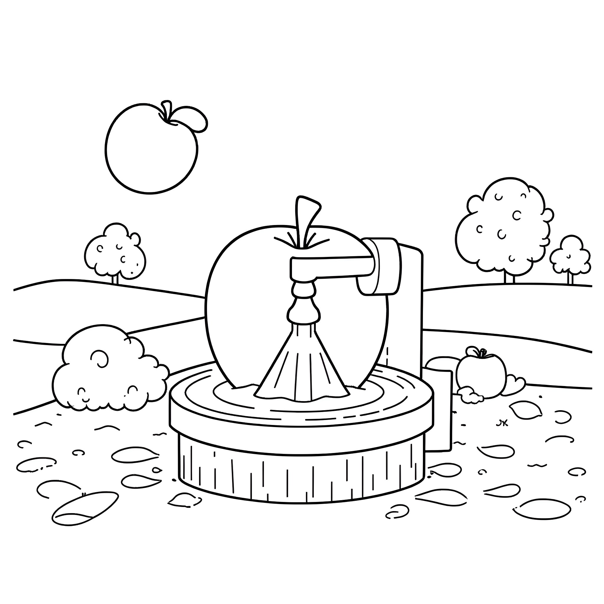 Apple-themed Fountain in Scenic Landscape Coloring Page (free black-and-white line drawing printable PDF for all, from beginners to advanced learners, including children, teens, adults, and seniors)