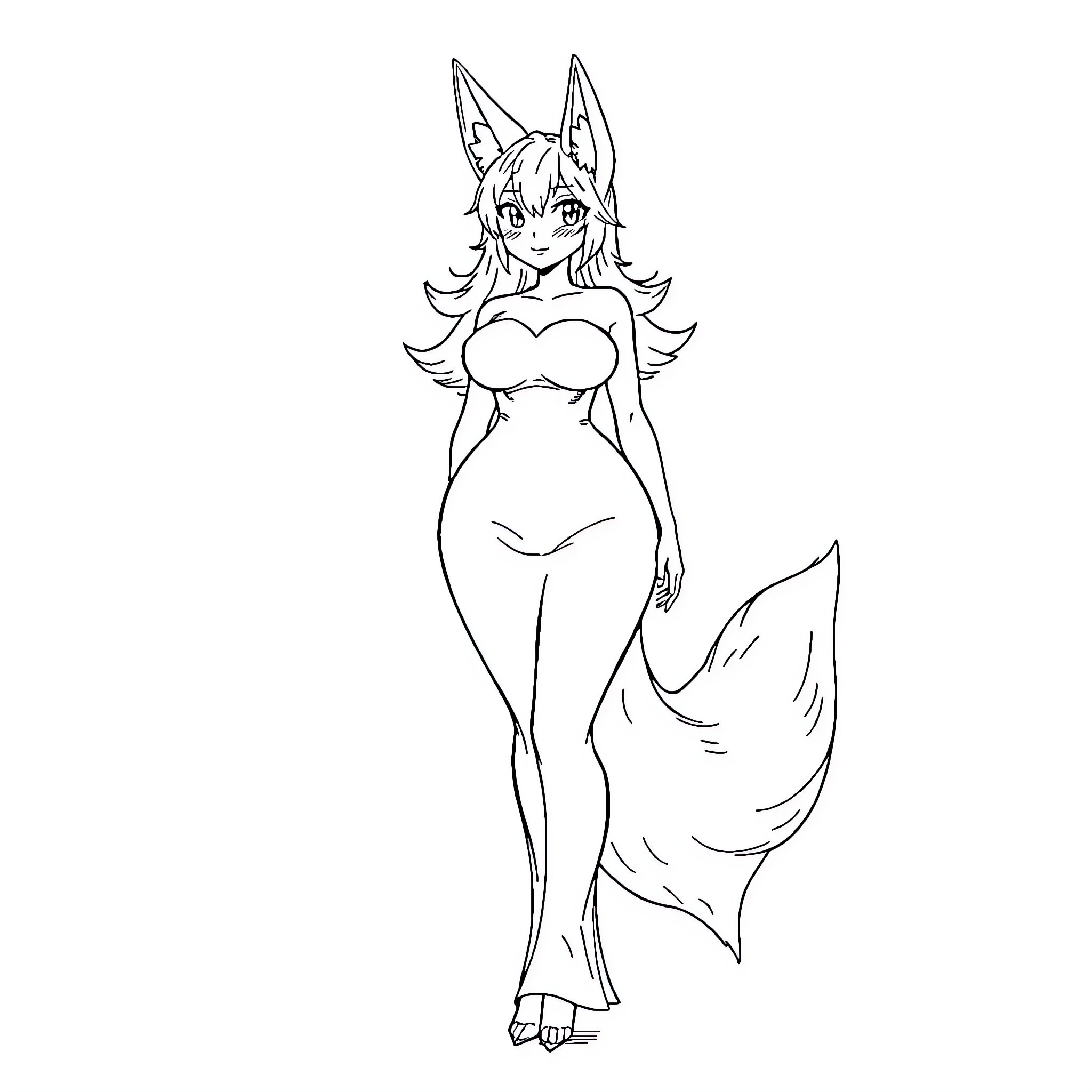 Fox-like figure in stylized anime attire Coloring Page (free black-and-white line drawing printable PDF for all, from beginners to advanced learners, including children, teens, adults, and seniors)