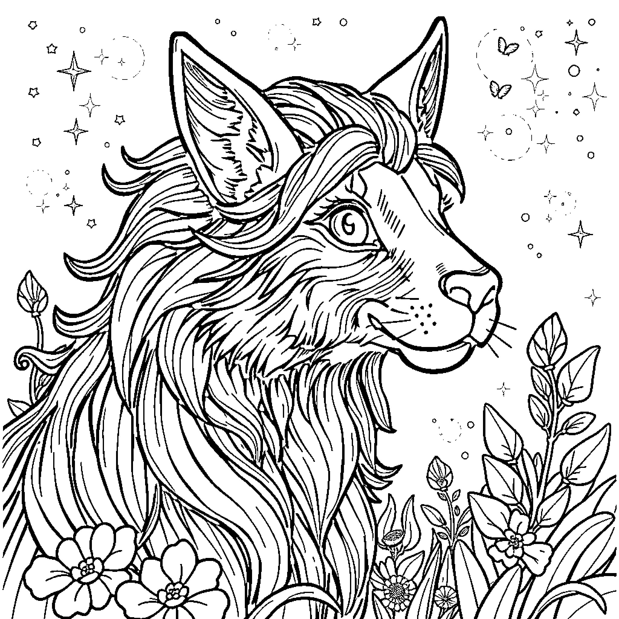 Huntrix - Whimsical wolf among nature and stars Coloring Page (free black-and-white line drawing printable PDF for all, from beginners to advanced learners, including children, teens, adults, and seniors)