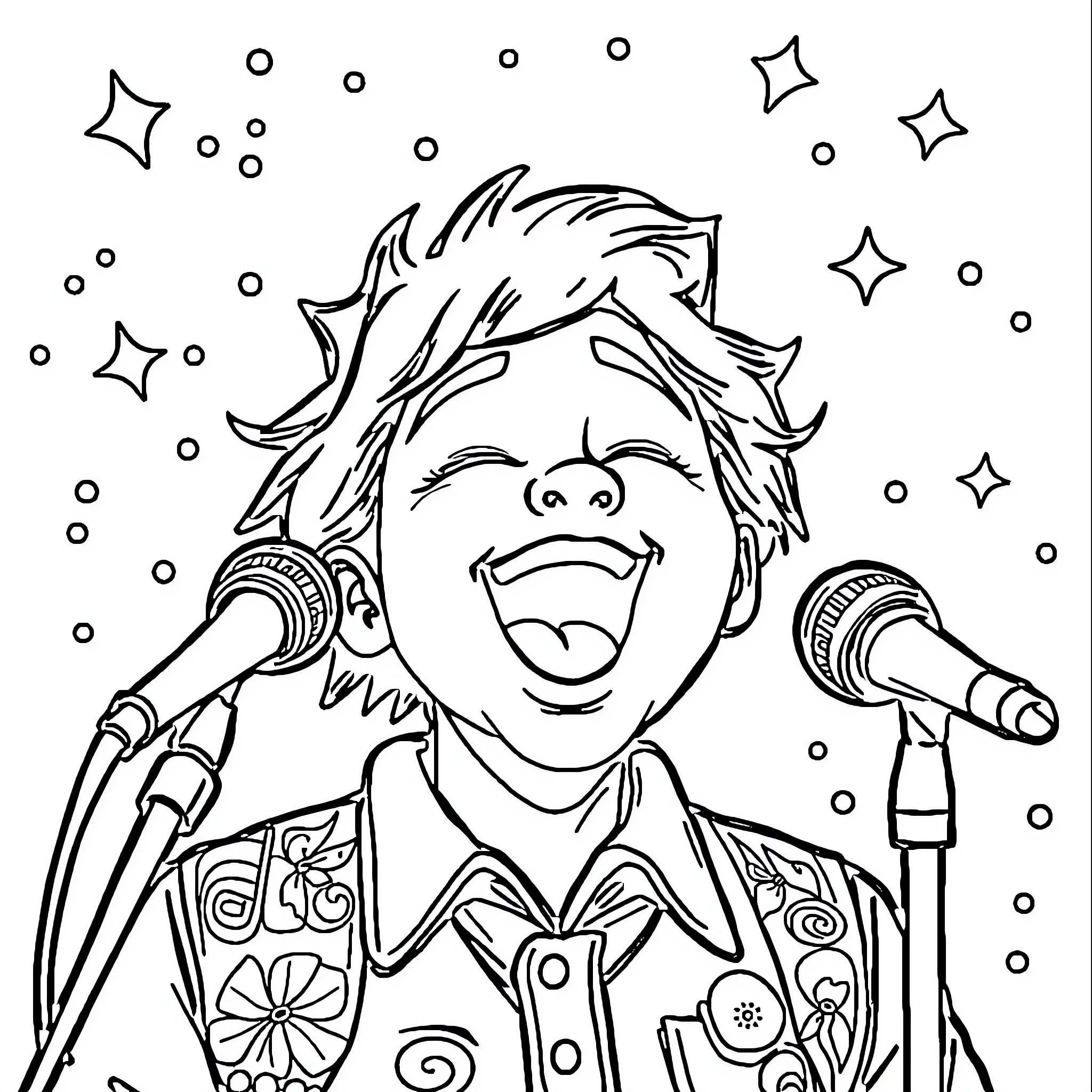 Tralalero singer performing on stage with enthusiasm Coloring Page (free black-and-white line drawing printable PDF for all, from beginners to advanced learners, including children, teens, adults, and seniors)