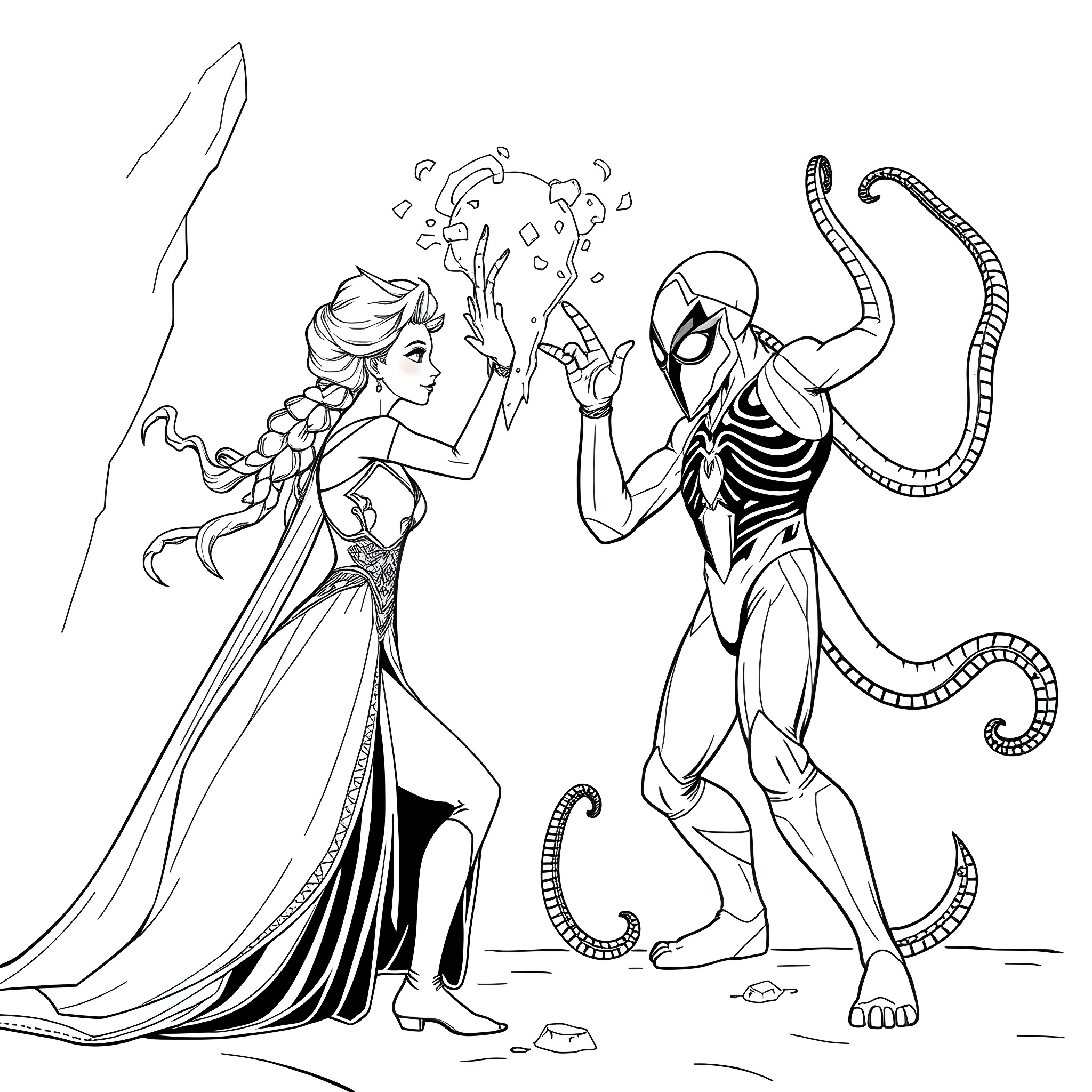 Elsa and the Alien Encounter Coloring Page (free black-and-white line drawing printable PDF for all, from beginners to advanced learners, including children, teens, adults, and seniors)
