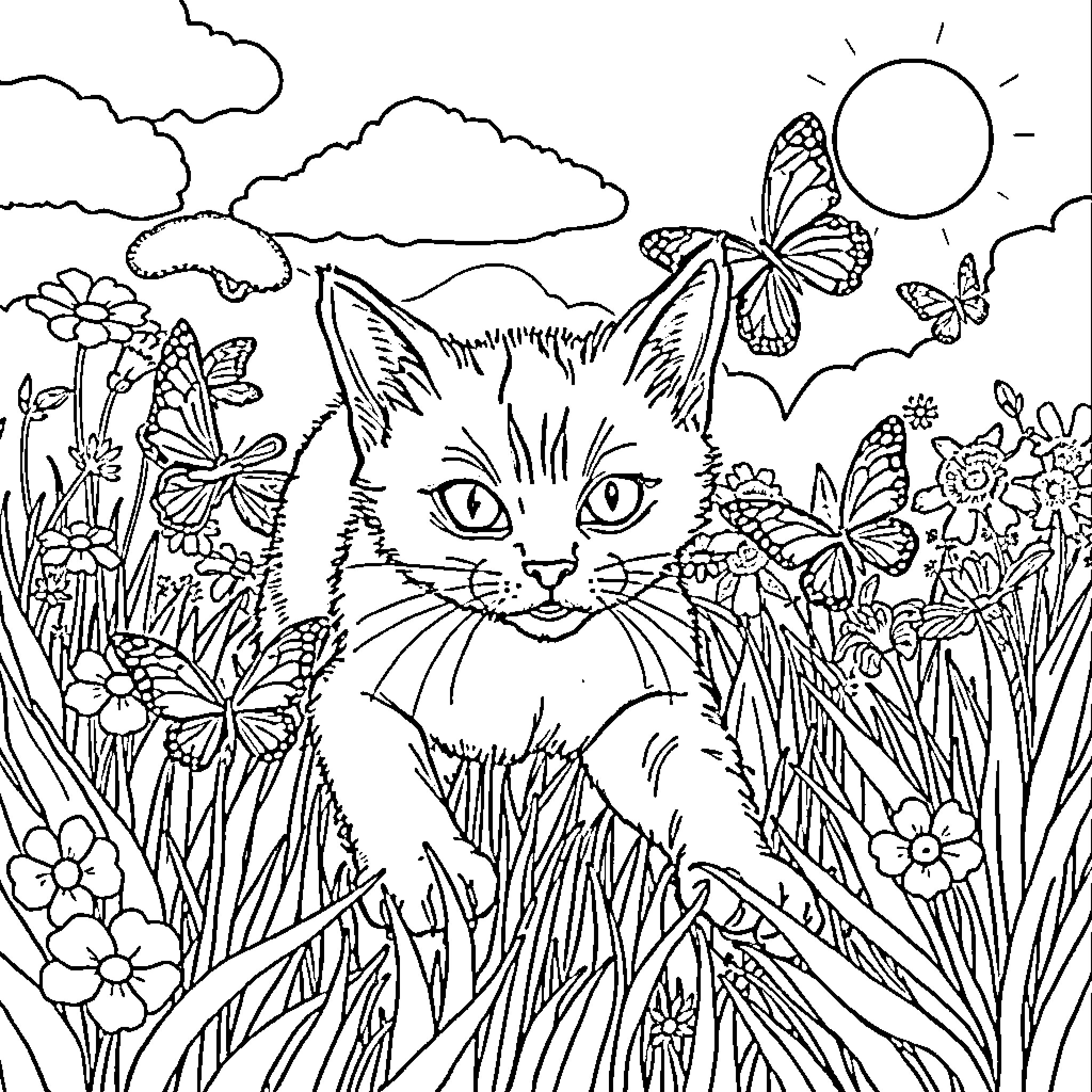 Cat surrounded by butterflies in a floral garden Coloring Page (free black-and-white line drawing printable PDF for all, from beginners to advanced learners, including children, teens, adults, and seniors)