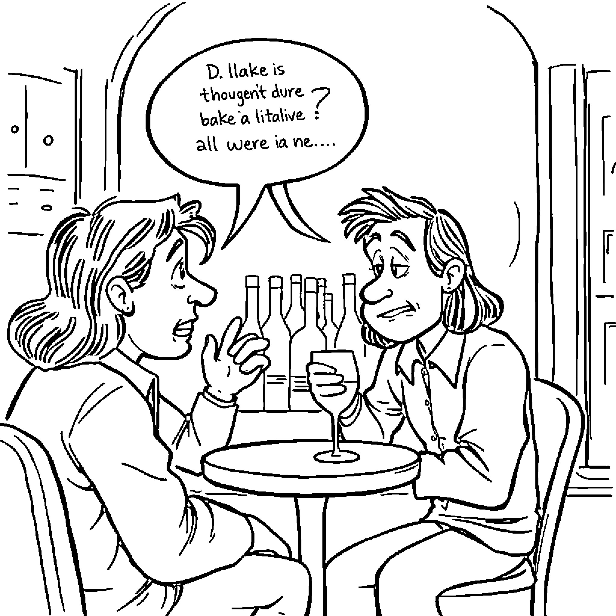 Brainrot: Friends discussing life over drinks Coloring Page (free black-and-white line drawing printable PDF for all, from beginners to advanced learners, including children, teens, adults, and seniors)