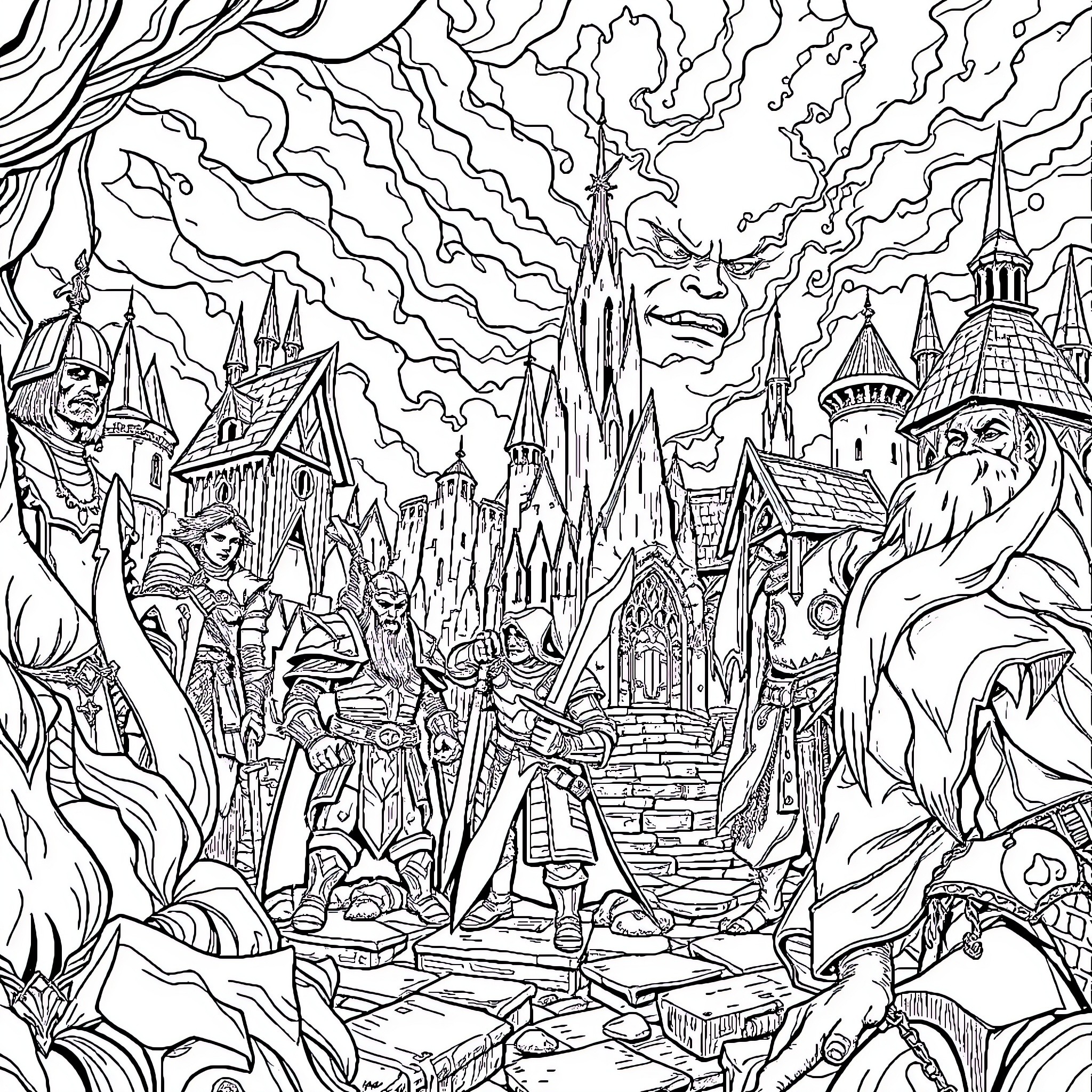 World of Warcraft: Epic Battle in a Fantastical Realm Coloring Page (free black-and-white line drawing printable PDF for all, from beginners to advanced learners, including children, teens, adults, and seniors)