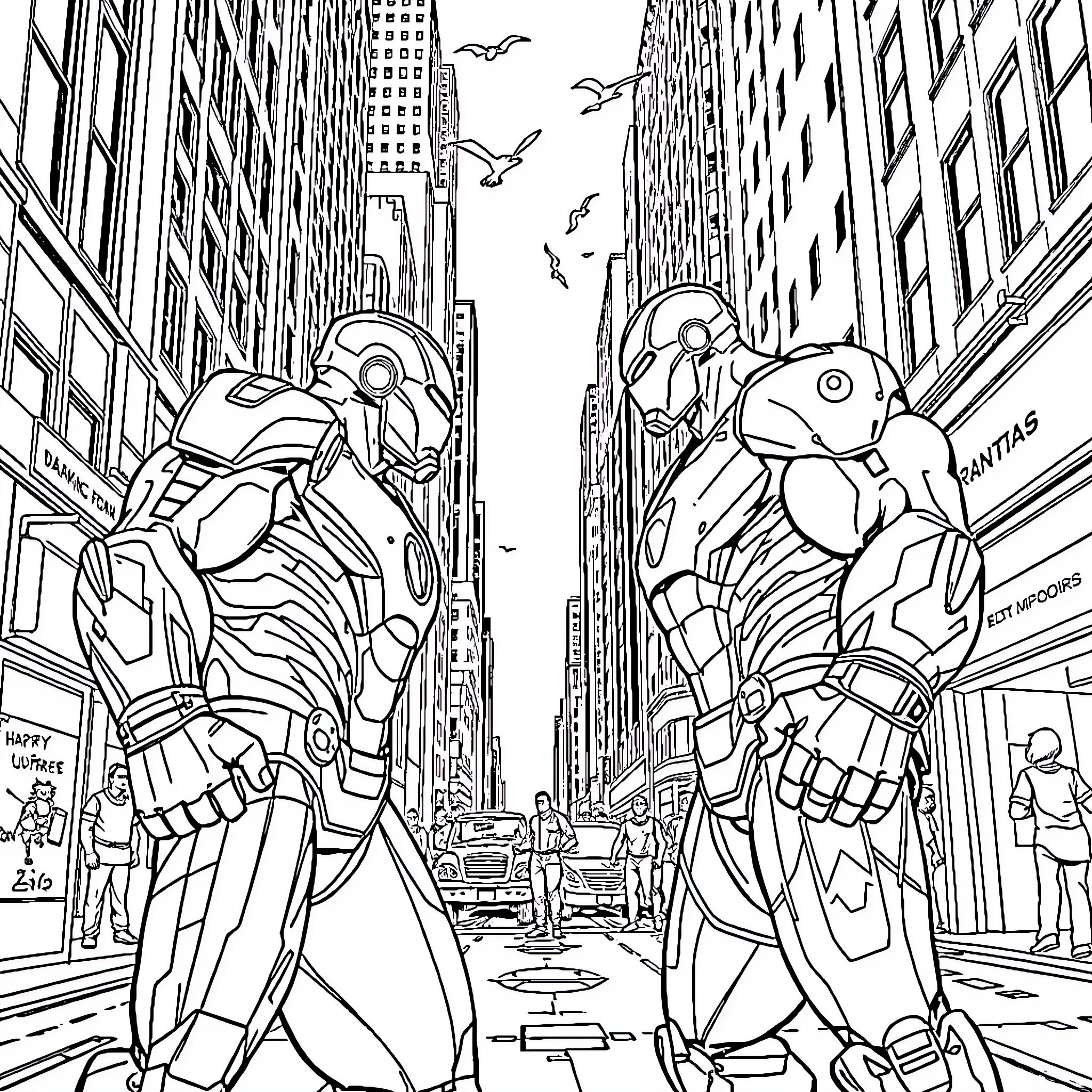 Ironman Heroes Defend the City Coloring Page (free black-and-white line drawing printable PDF for all, from beginners to advanced learners, including children, teens, adults, and seniors)