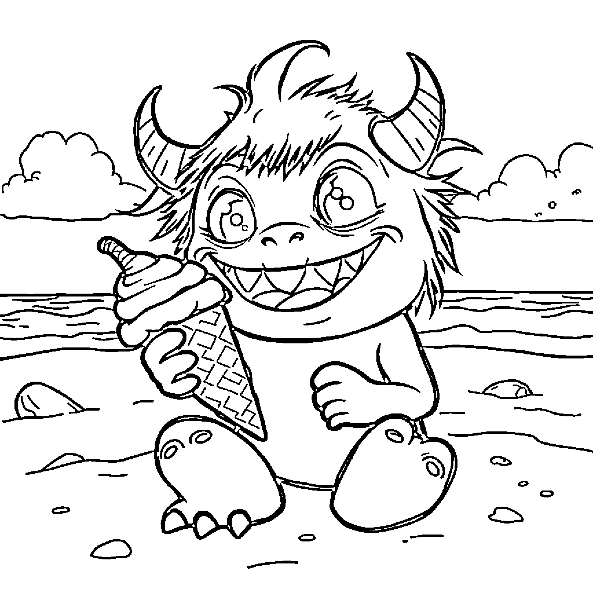Monster enjoying ice cream on the beach Coloring Page (free black-and-white line drawing printable PDF for all, from beginners to advanced learners, including children, teens, adults, and seniors)