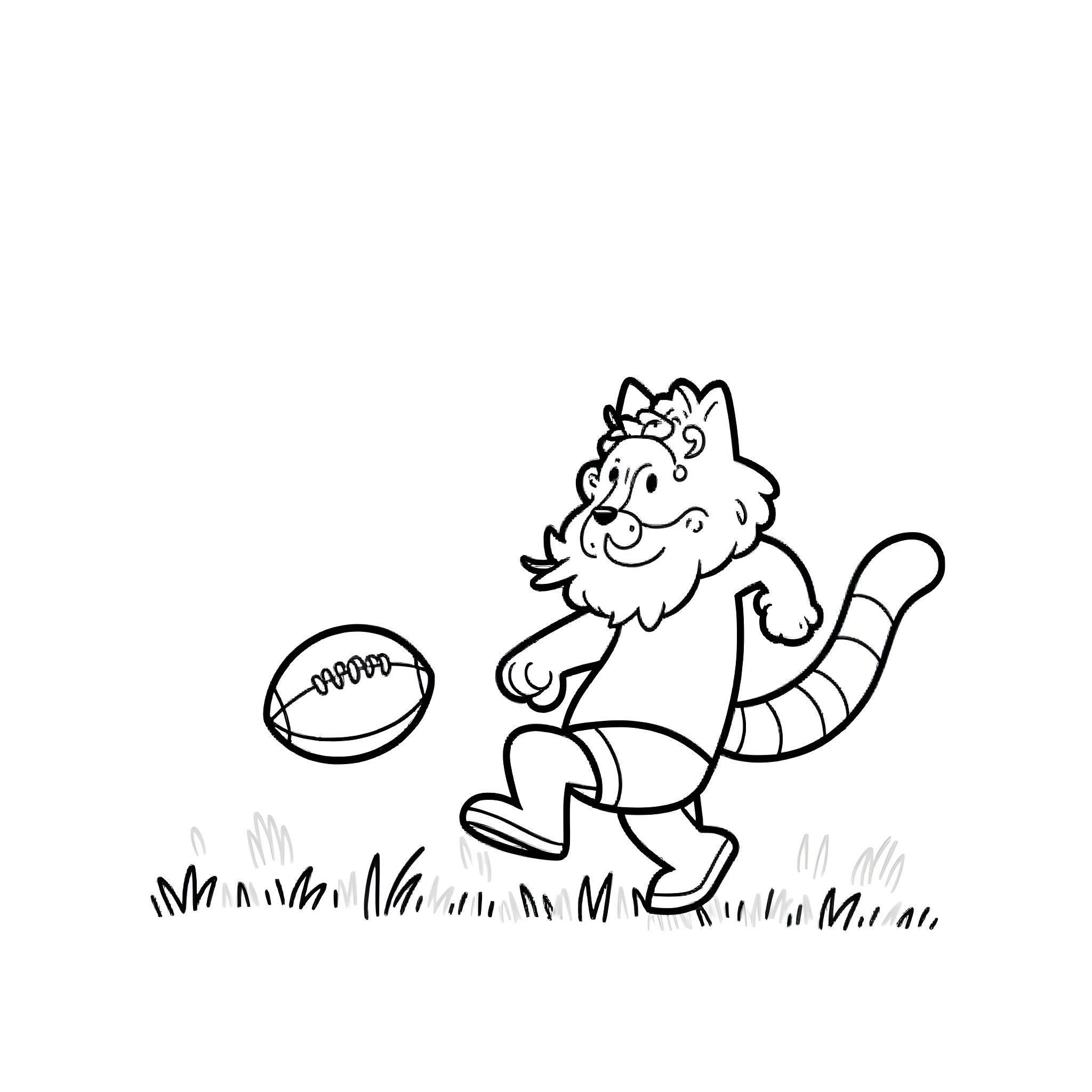 Bobcat playing with football on field Coloring Page (free black-and-white line drawing printable PDF for all, from beginners to advanced learners, including children, teens, adults, and seniors)