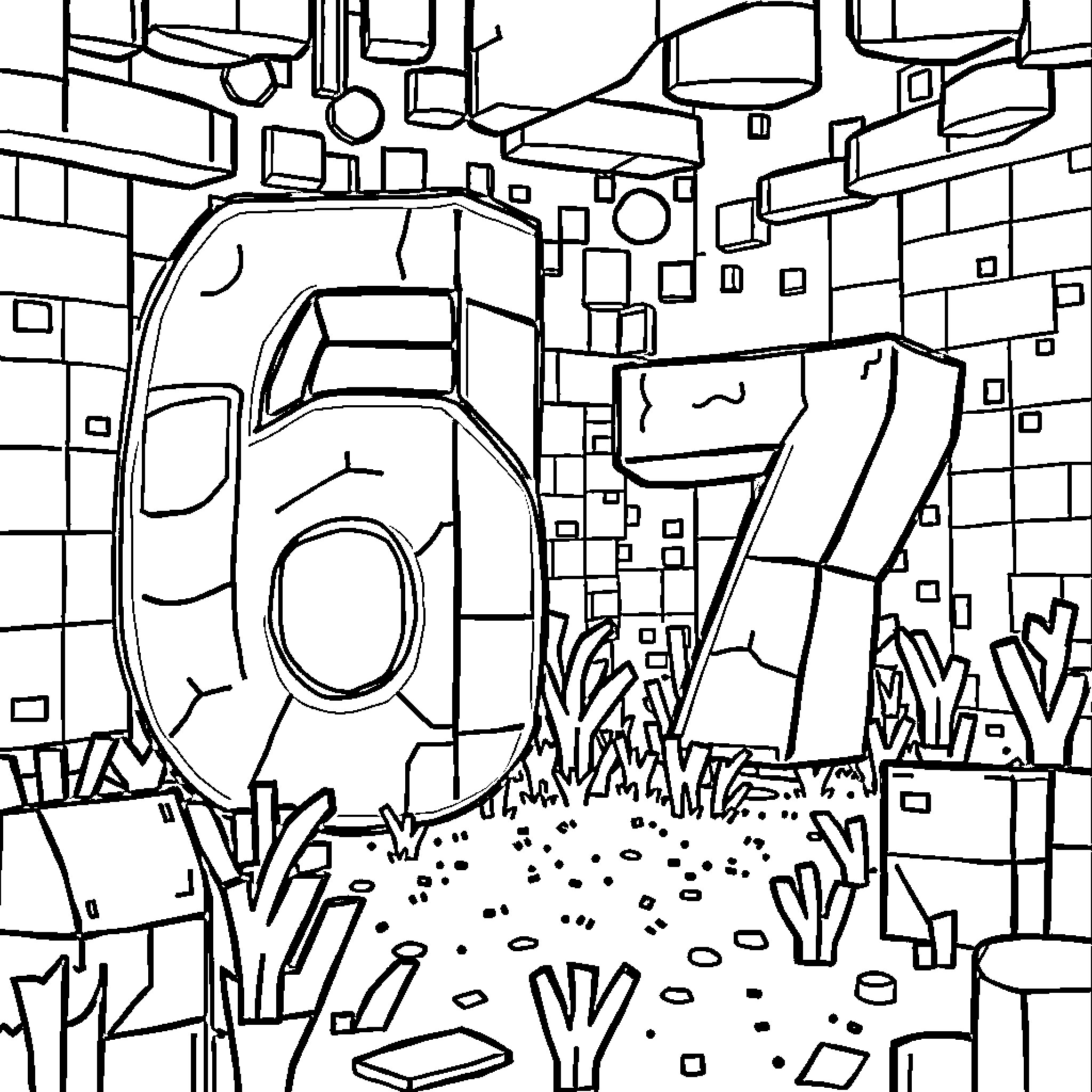 Number Abstract Geometric Shapes in Chaotic Environment Coloring Page (free black-and-white line drawing printable PDF for all, from beginners to advanced learners, including children, teens, adults, and seniors)