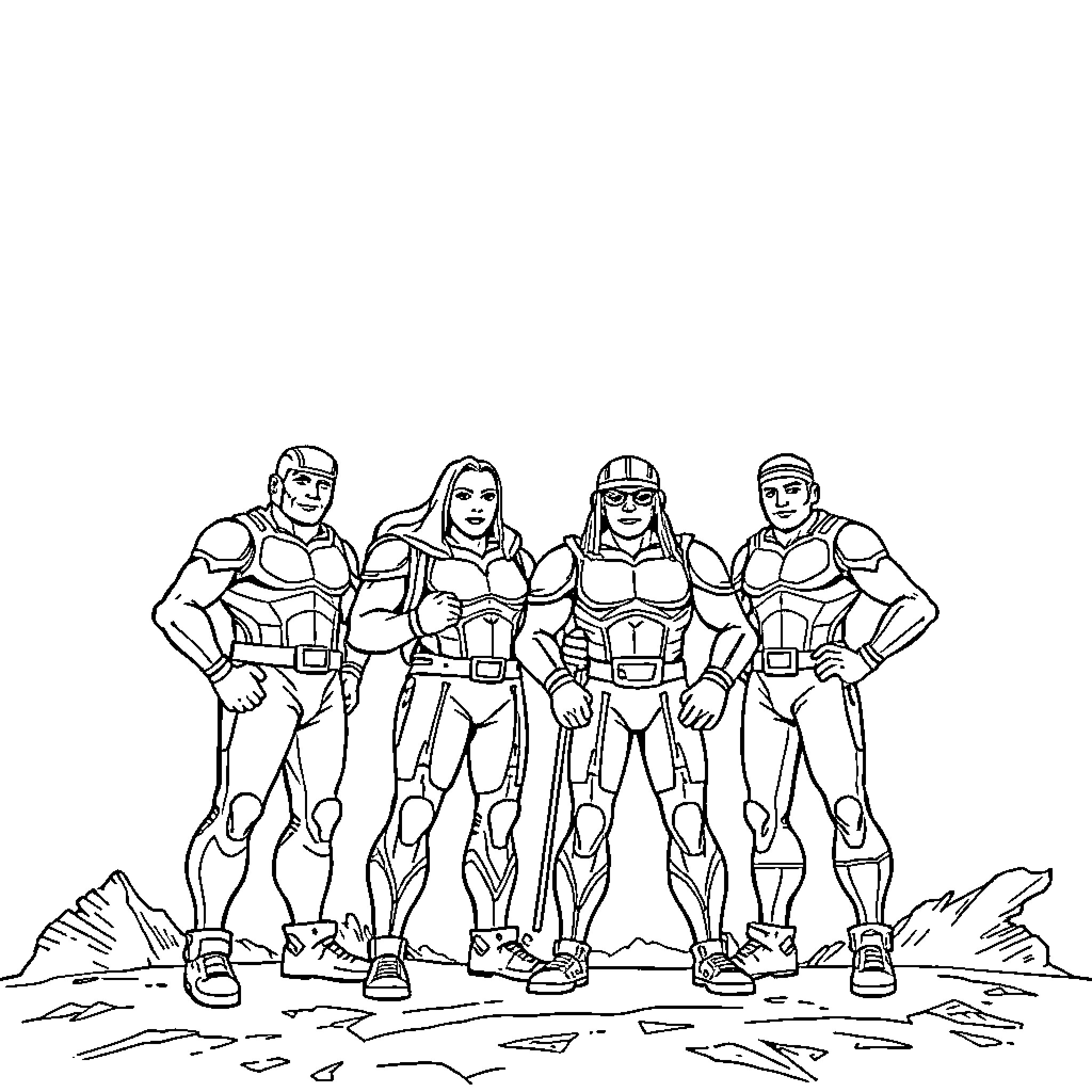 Iron Friend Heroic Squad in Action Coloring Page (free black-and-white line drawing printable PDF for all, from beginners to advanced learners, including children, teens, adults, and seniors)