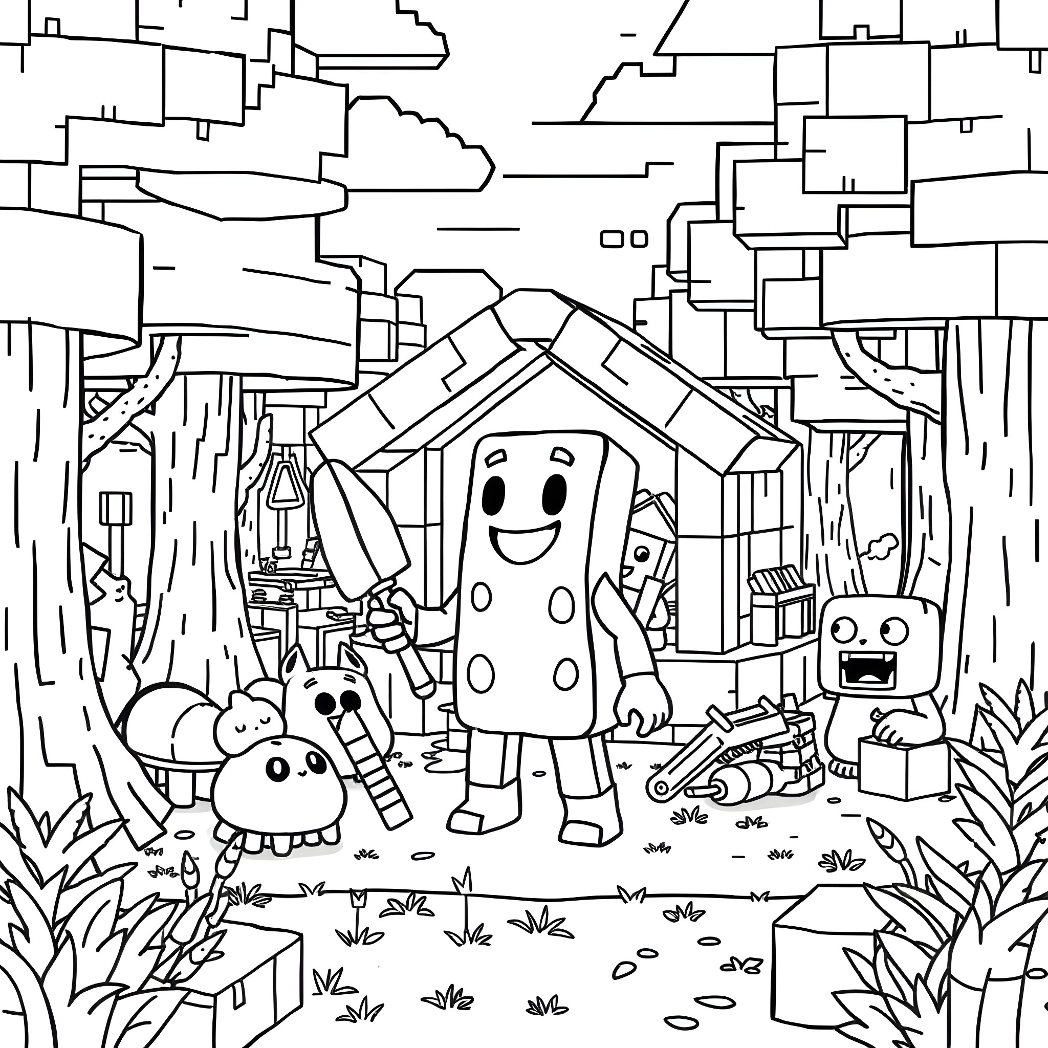 Peely enjoying the outdoors with friends in a whimsical scene Coloring Page (free black-and-white line drawing printable PDF for all, from beginners to advanced learners, including children, teens, adults, and seniors)