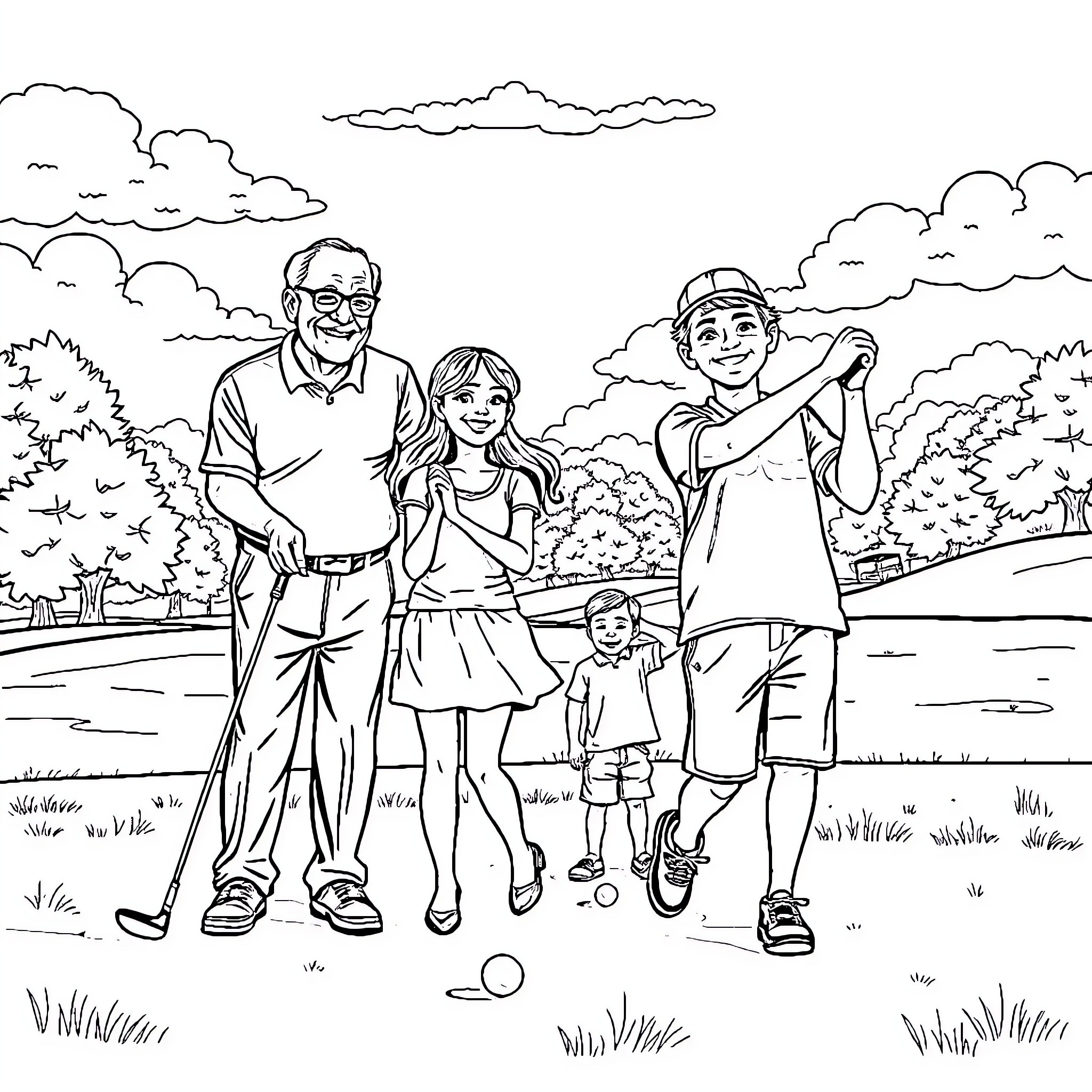 Golf with Family in the Park Coloring Page (free black-and-white line drawing printable PDF for all, from beginners to advanced learners, including children, teens, adults, and seniors)