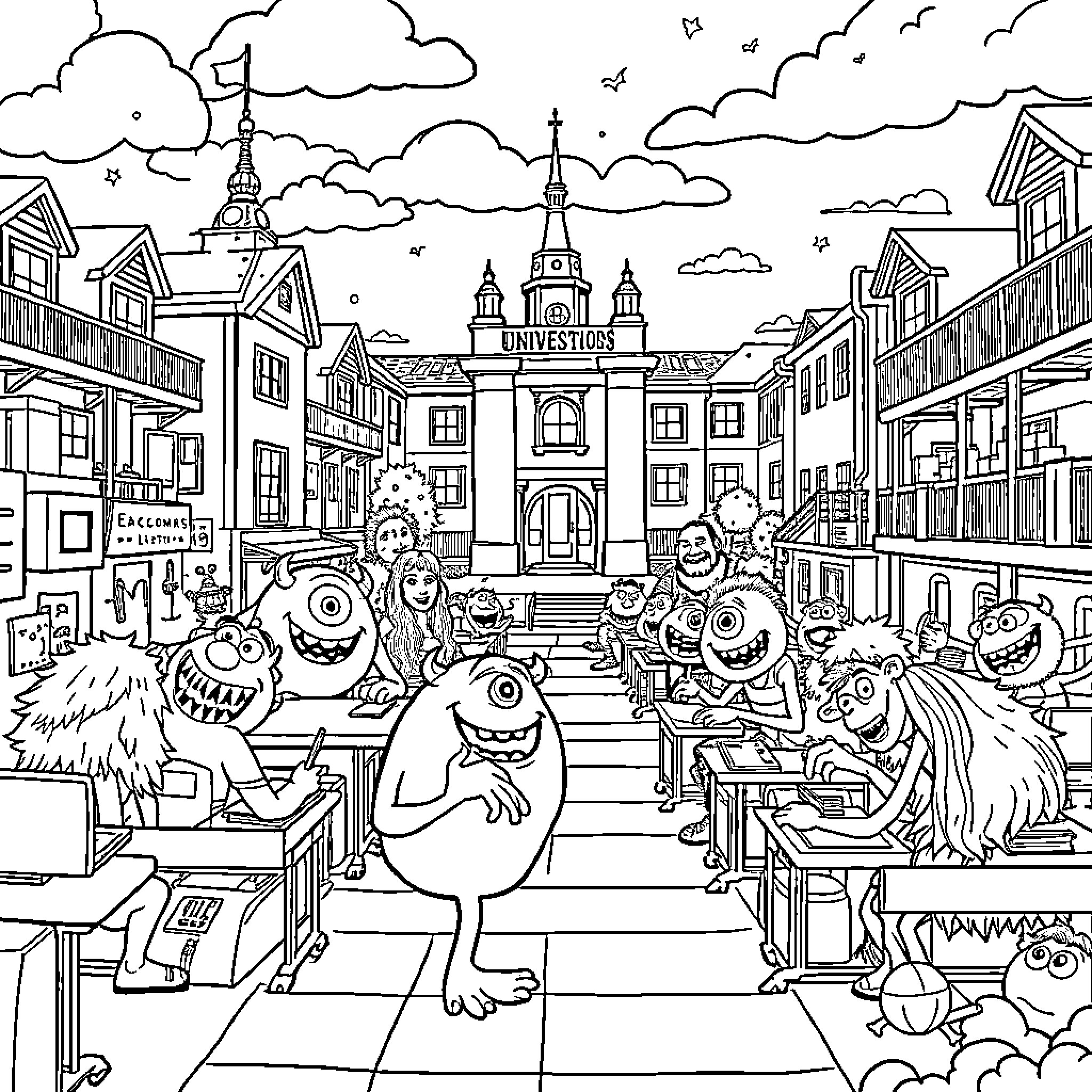 Monster creatures celebrating in a festive city scene Coloring Page (free black-and-white line drawing printable PDF for all, from beginners to advanced learners, including children, teens, adults, and seniors)
