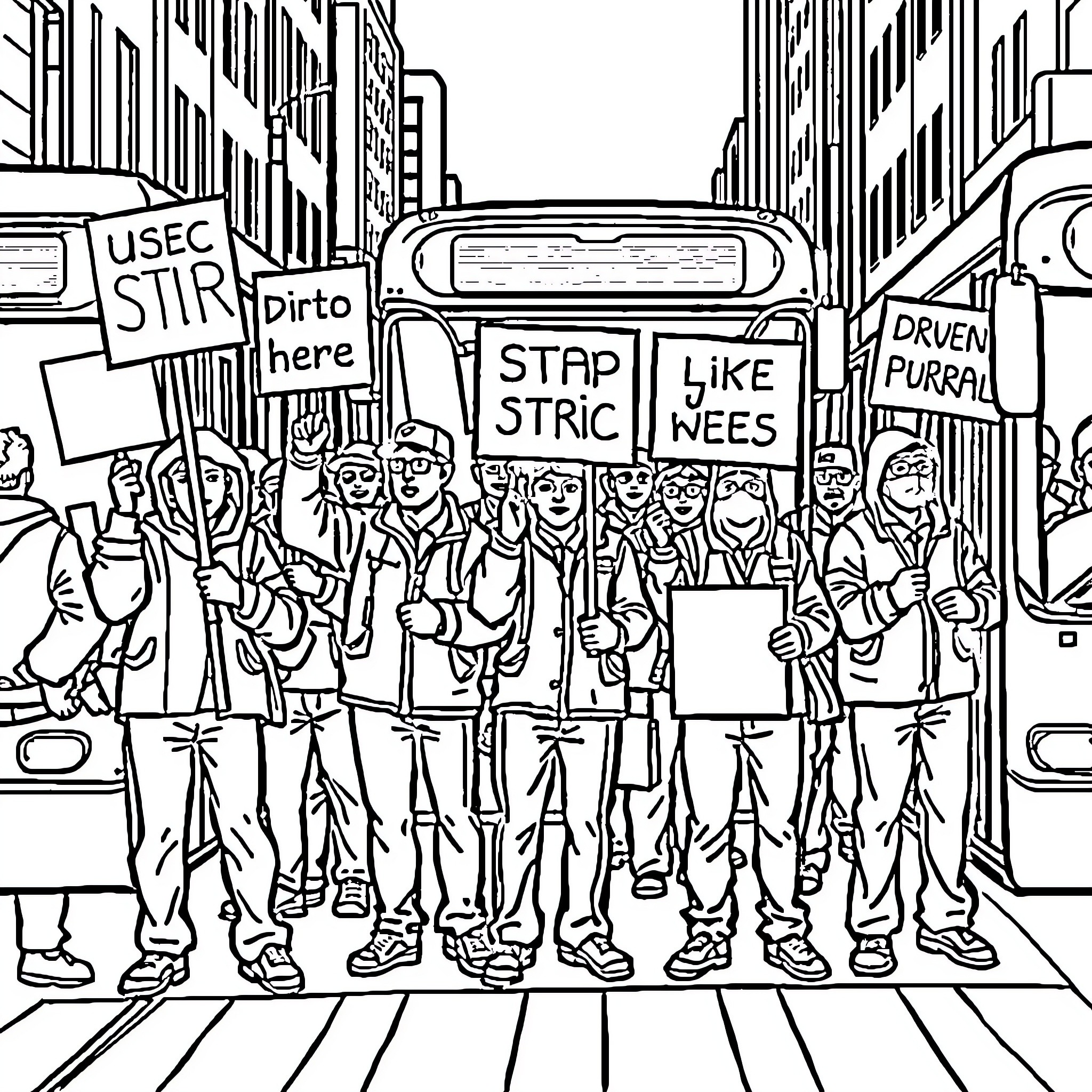 Bus Protest with Diverse Crowd and Signs Coloring Page (free black-and-white line drawing printable PDF for all, from beginners to advanced learners, including children, teens, adults, and seniors)