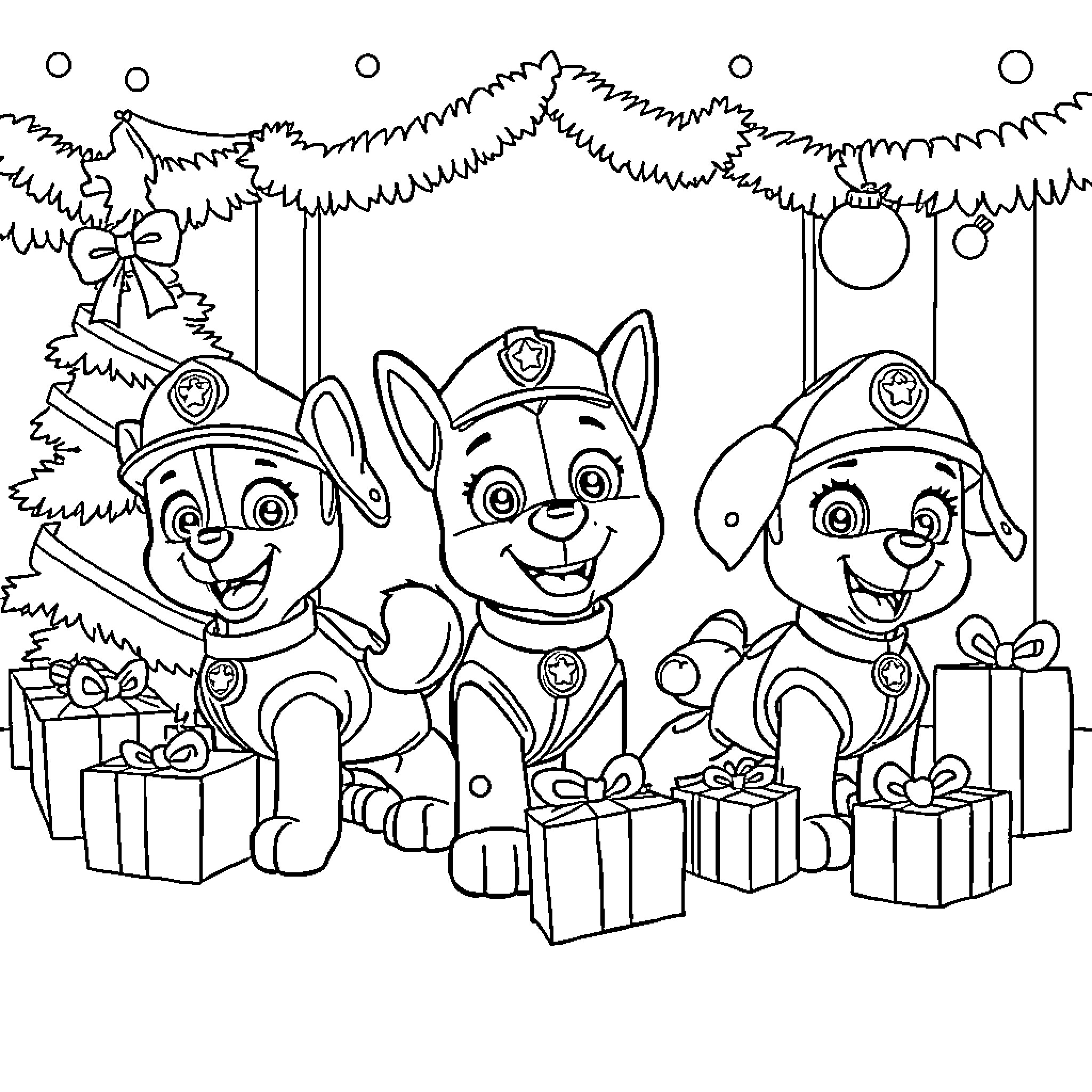Paw Patrol Puppies Celebrate with Presents and Decorations Coloring Page (free black-and-white line drawing printable PDF for all, from beginners to advanced learners, including children, teens, adults, and seniors)