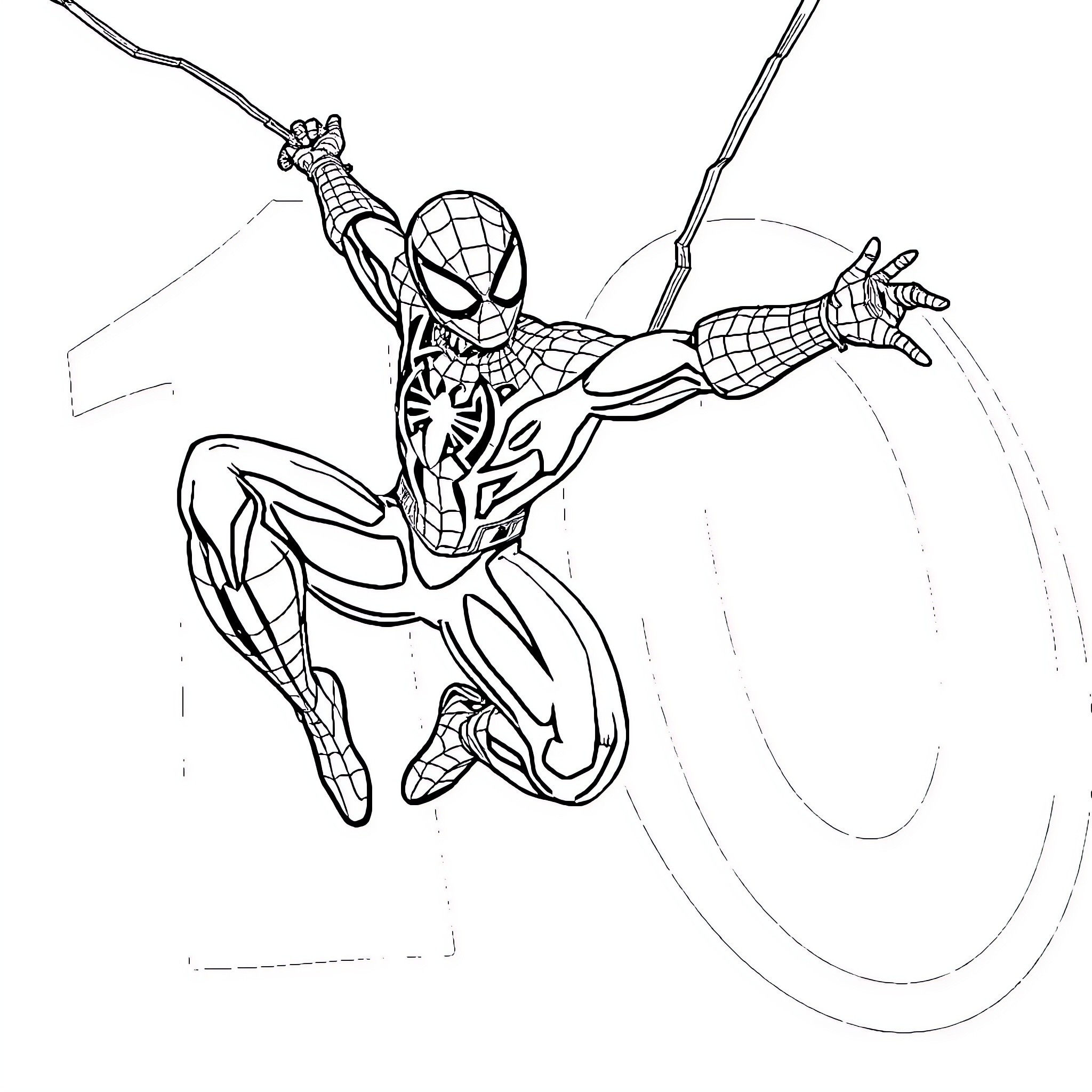 Spider-Man swinging into action Coloring Page (free black-and-white line drawing printable PDF for all, from beginners to advanced learners, including children, teens, adults, and seniors)