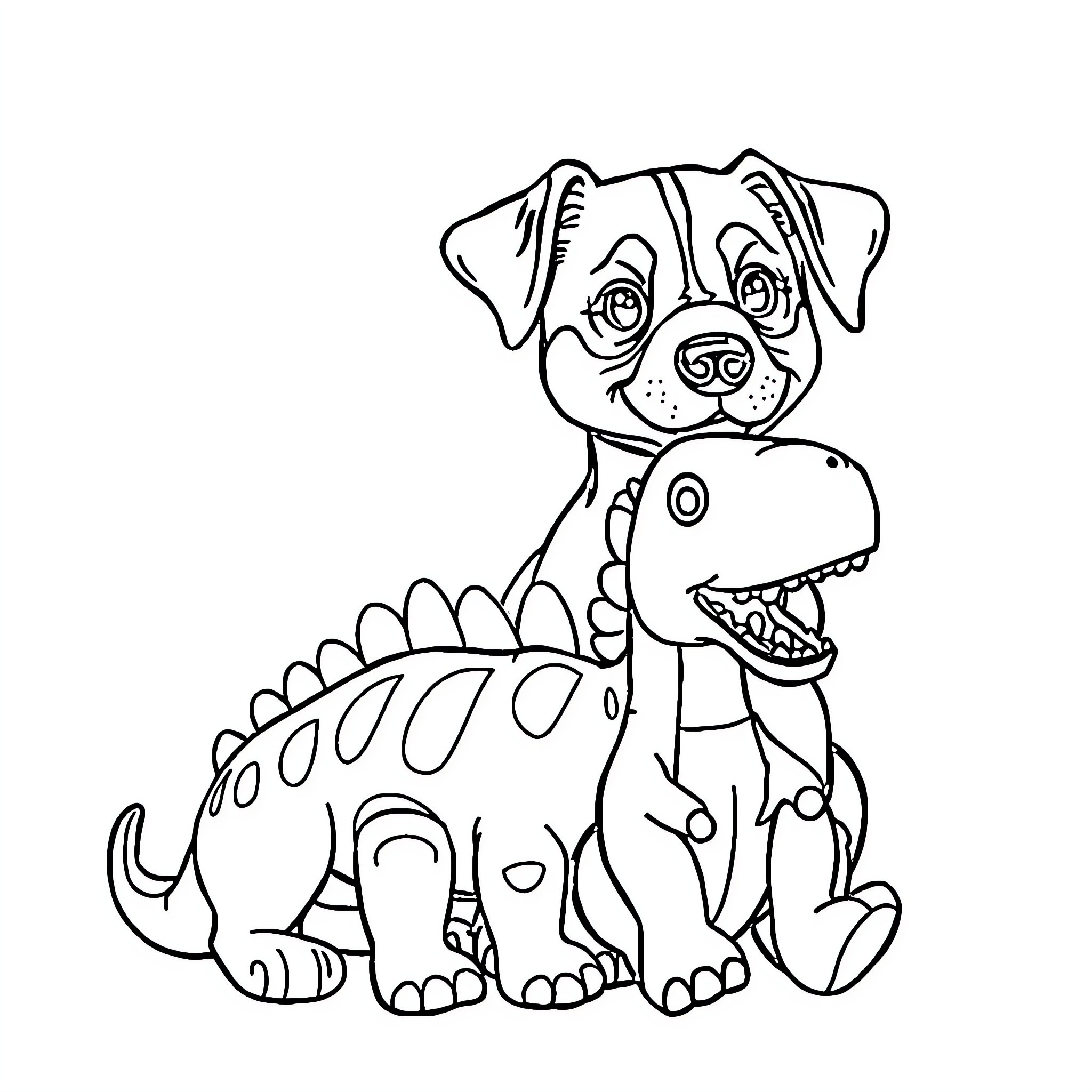 Dog playing with dinosaur toy happily Coloring Page (free black-and-white line drawing printable PDF for all, from beginners to advanced learners, including children, teens, adults, and seniors)